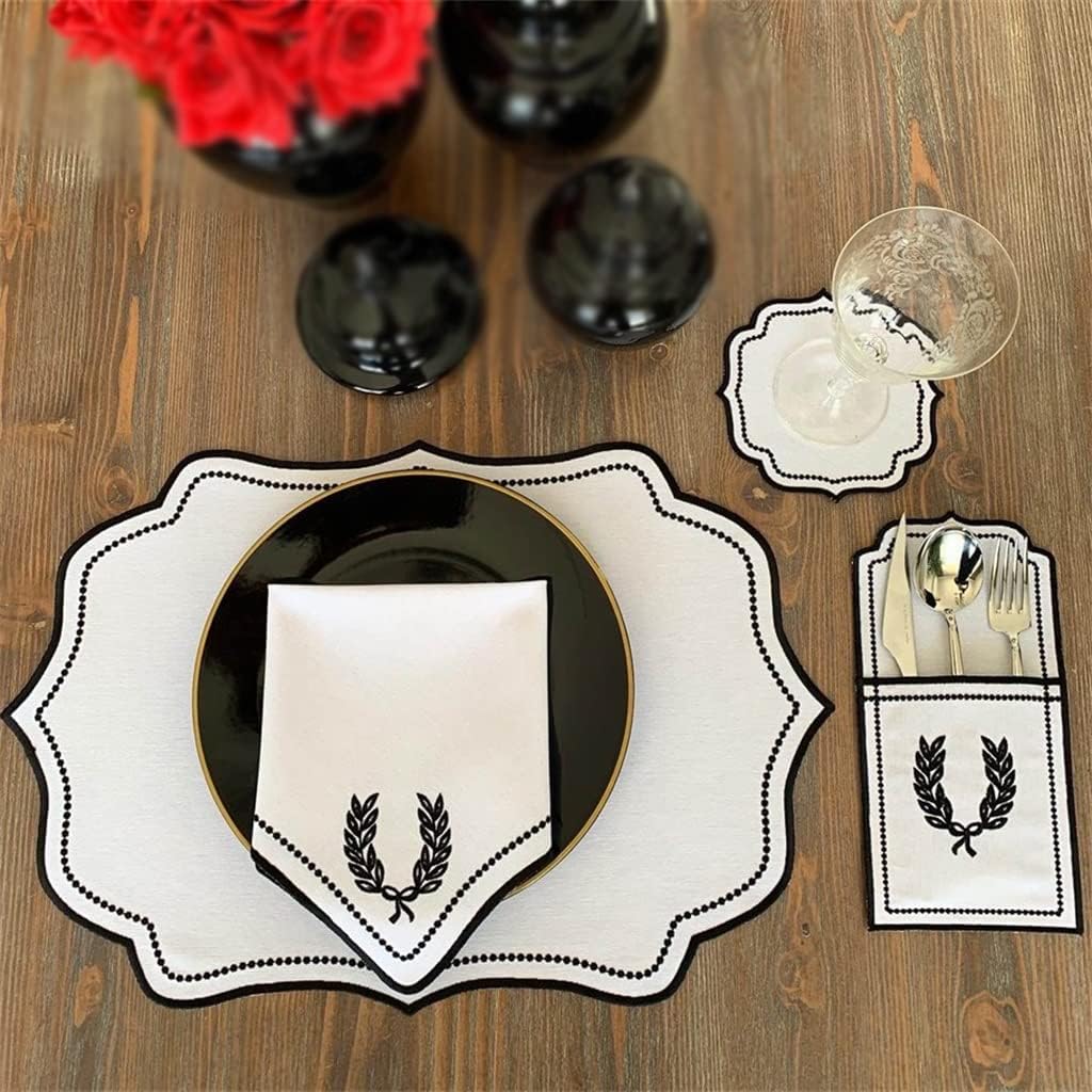 Set of 6 Embroidered Linen Placemats Napkins Coasters Cutlery Bags Tablecloths Festive Party Table Decorations