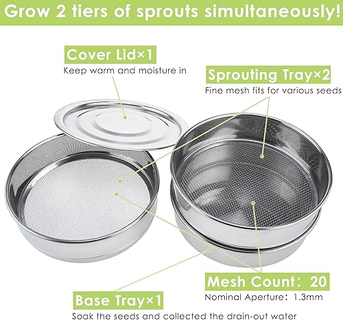 Miniatura 3 de Finderomend Kit de cultivo de brotes, juego de bandeja de germinación de semillas de acero inoxidable, kit de brotes apilables de 3 piezas, cultivo