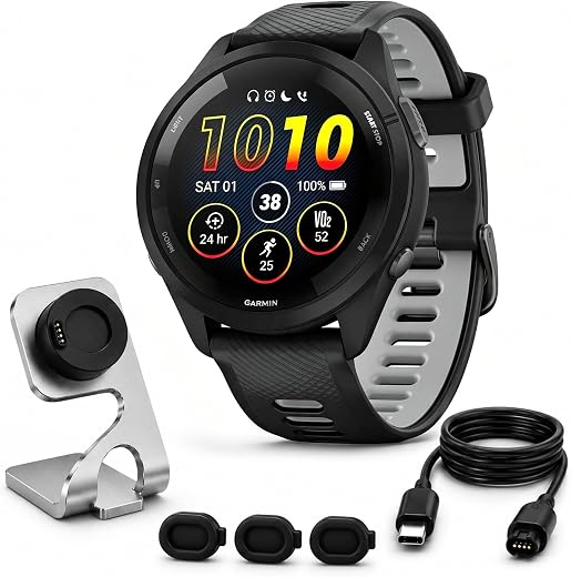 Garmin Forerunner 265 Running GPS Smartwatch, AMOLED Display, 46mm, Black/Powder Gray, 010-02810-00 – Bundle w/Deco Essentials Charging Dock, Dust Cover and USB-C Cable