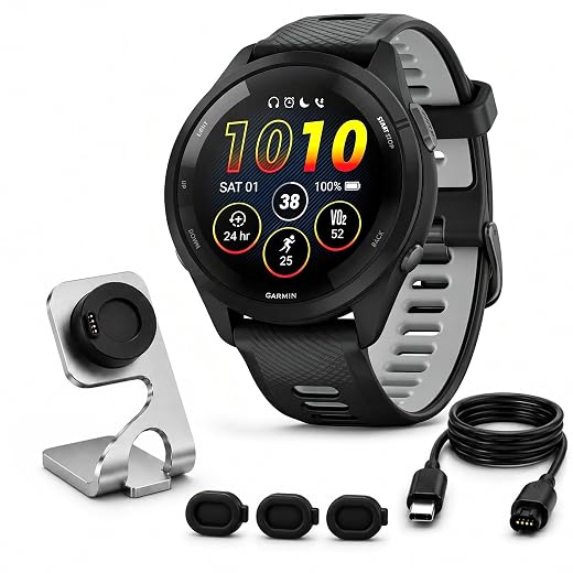 Garmin Forerunner 265 Running GPS Smartwatch, AMOLED Display, 46mm, Black/Powder Gray, 010-02810-00 - Bundle w/Deco Essentials Charging Dock, Dust Cover and USB-C Cable