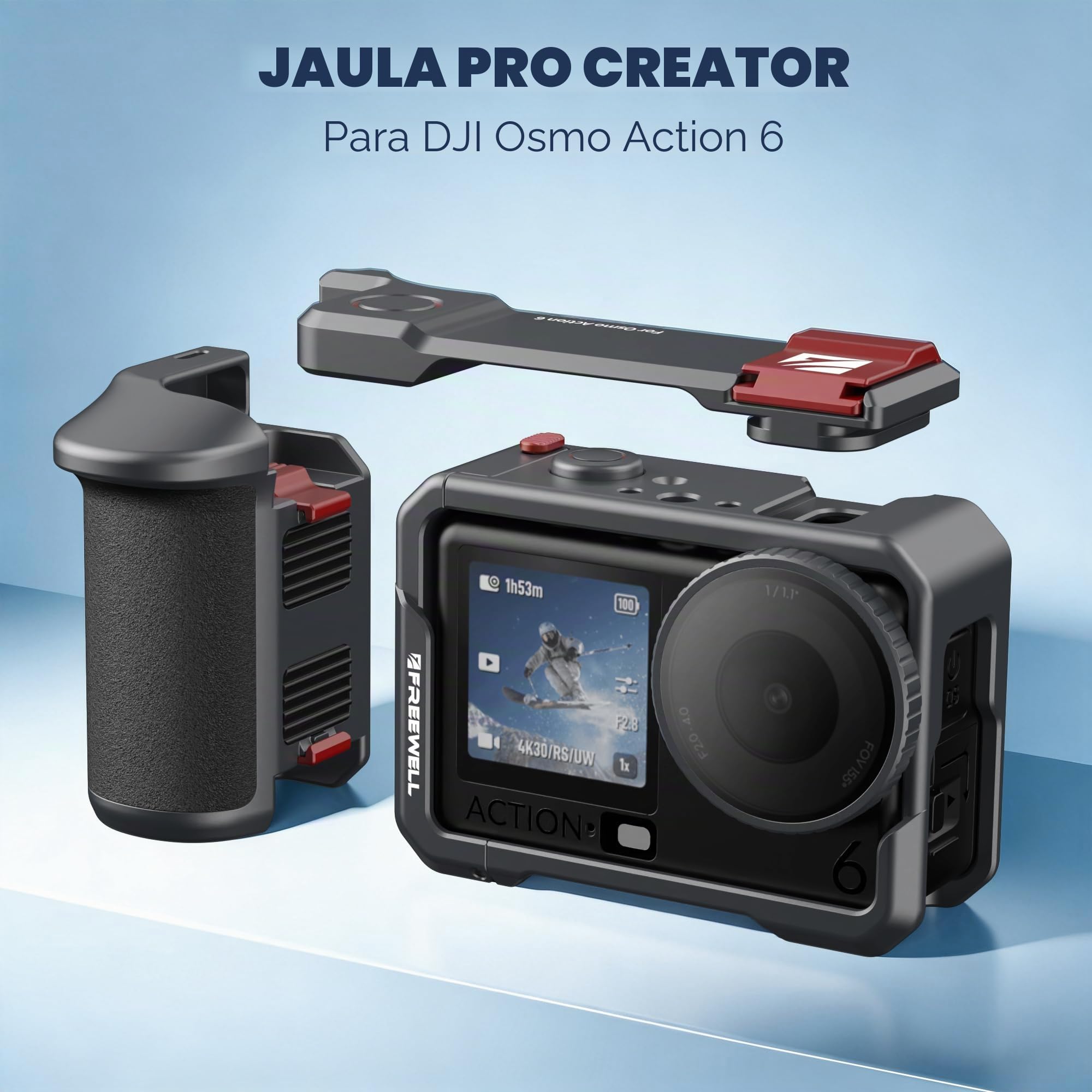 Freewell Creator Pro - Jaula para dji Osmo Action 6 con Agarre Xplorer | montaje de conexión rápida, zapata fría, rosca de 1/4 a 20 + agujero de posicionamiento ALAI, kit de aparejo de aluminio a