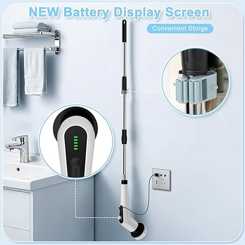 Miniatura 7 de Limpiador eléctrico giratorio, cepillo de limpieza inalámbrico con 8 cabezales de cepillo reemplazables, limpiador de ducha con mango de extensión