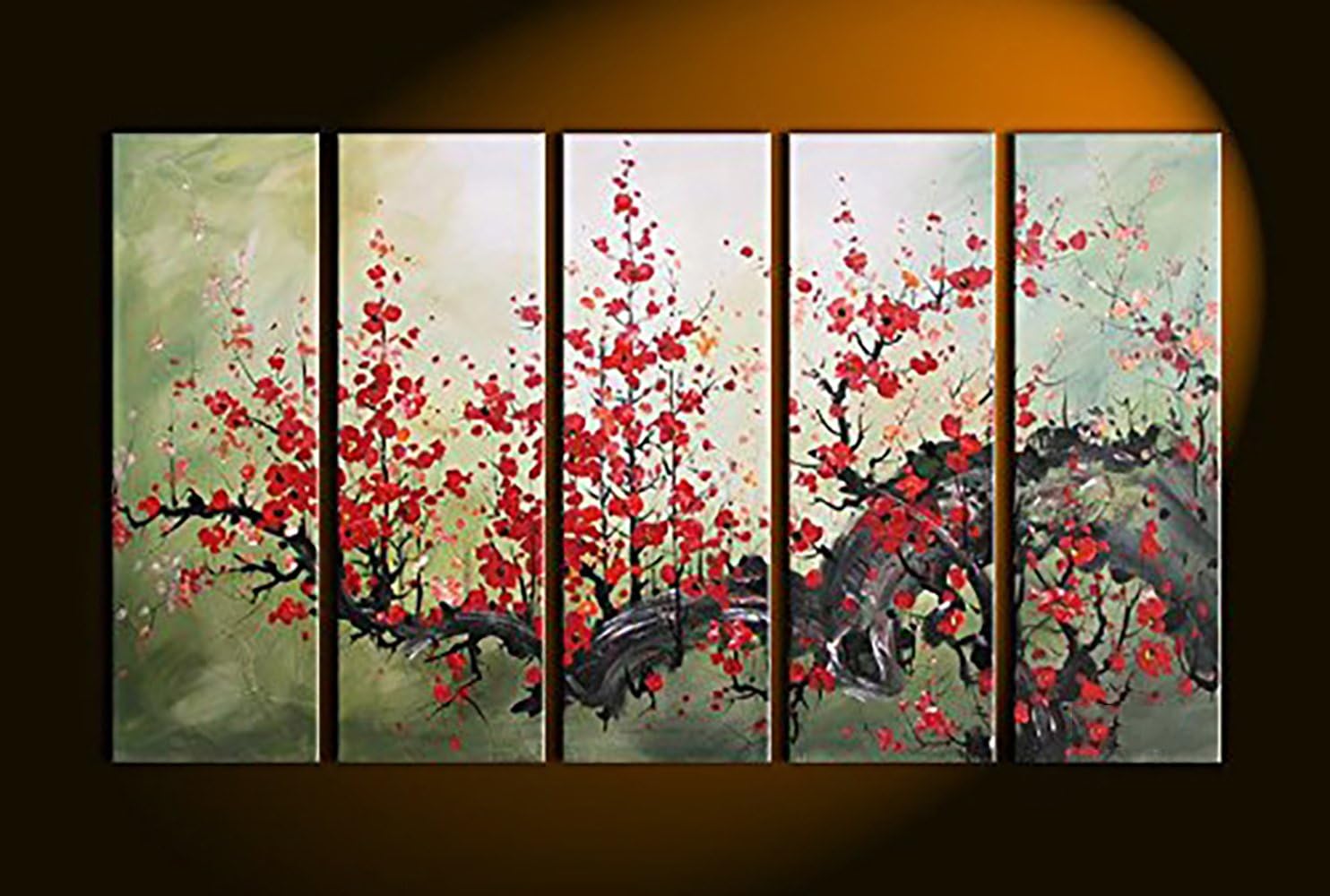 Oufeiyan Full Blossom Handpainted Modern Cherry Blossom Painting, Wall Art Picture 5 Piece Oil Paintings on Canvas Black Tree Red Flower Artwork for Living Room Home Decor Wooden Framed Stretched