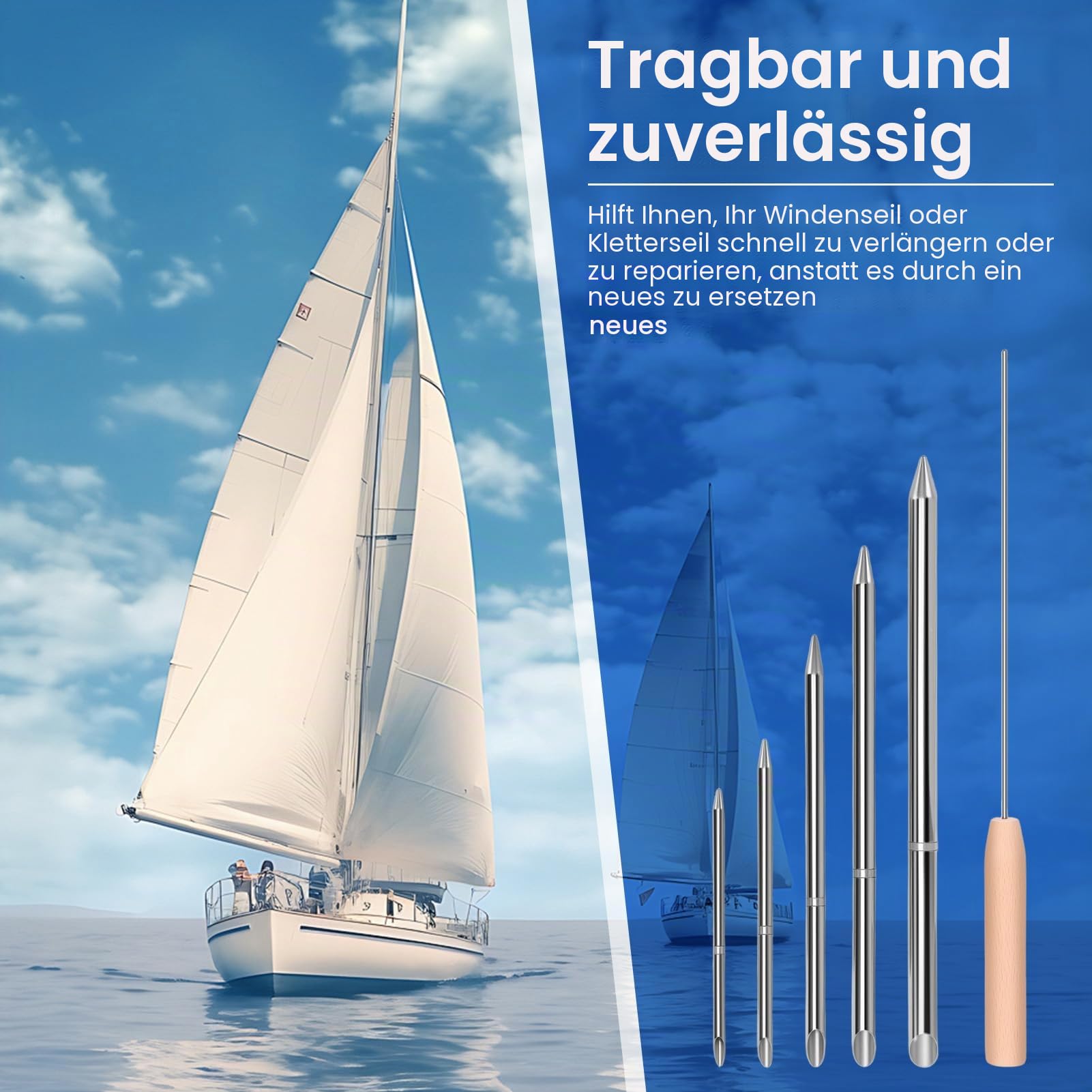 Seil-Spleißwerkzeug-Set, 7-teilig, Seilspleiß-Set, Fid-Kit, Edelstahl, Flechtset, Werkzeug enthält 5 Größen, Fids 1/4 Zoll, 5/16 Zoll, 3/8 Zoll, 7/16 Zoll, 1/2 Zoll