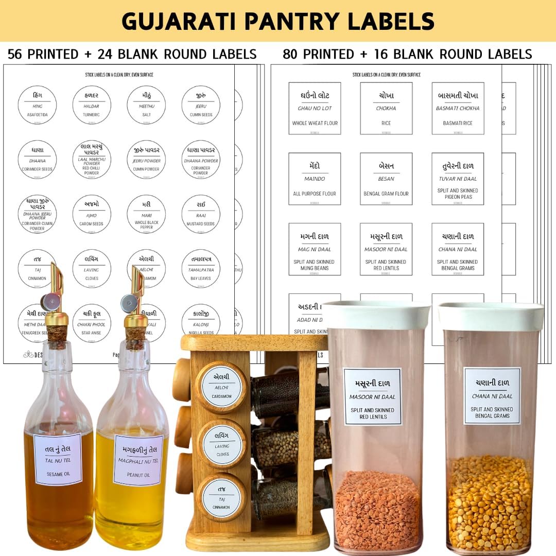 136 Printed Indian Gujarati Bilingual Plus 40 Blank Kitchen Pantry Labels, Minimalist, Waterproof, Dishwasher-Safe, Easy to Remove and Re-Stick