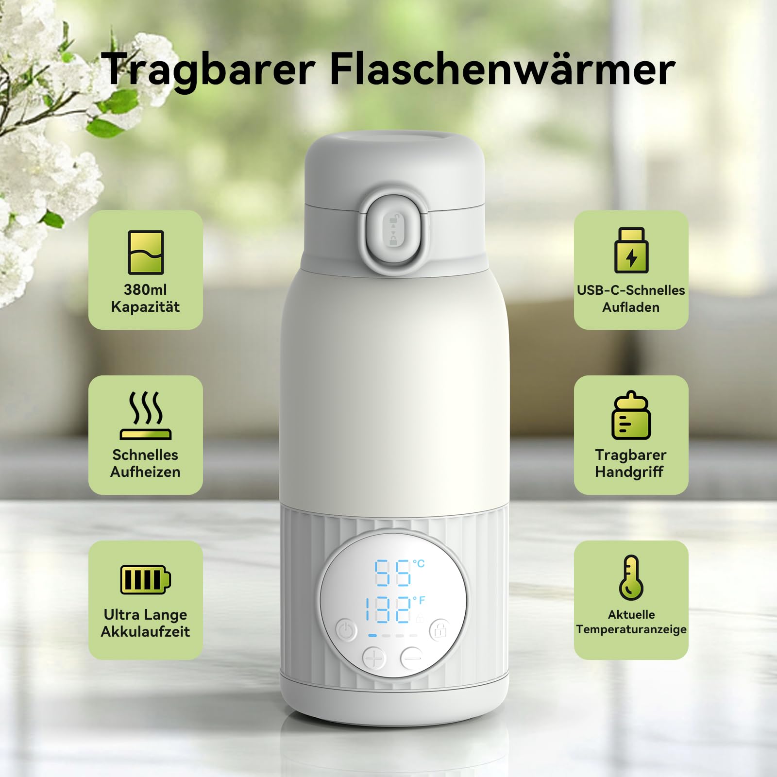 Tragbarer Flaschenwärmer Baby Unterwegs Akku 380ml für Muttermilch Wasser 10000mAh Schnell Aufheizen Präzise Temperaturregelung 100W Lange Akkulaufzeit USB-C Laden Auslaufsicher Geschenk