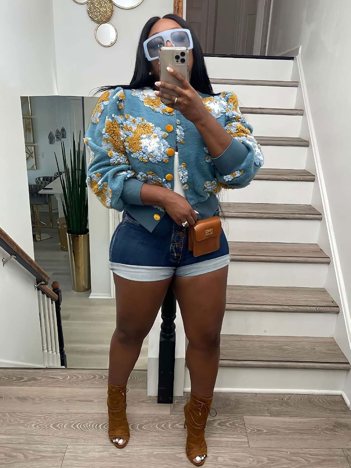 KANSOON Bomber Jacket Women Cropped Floral Button Down Varsity Jacket Long Sleeve Casual Streetwear Fall Winter Warm Coat