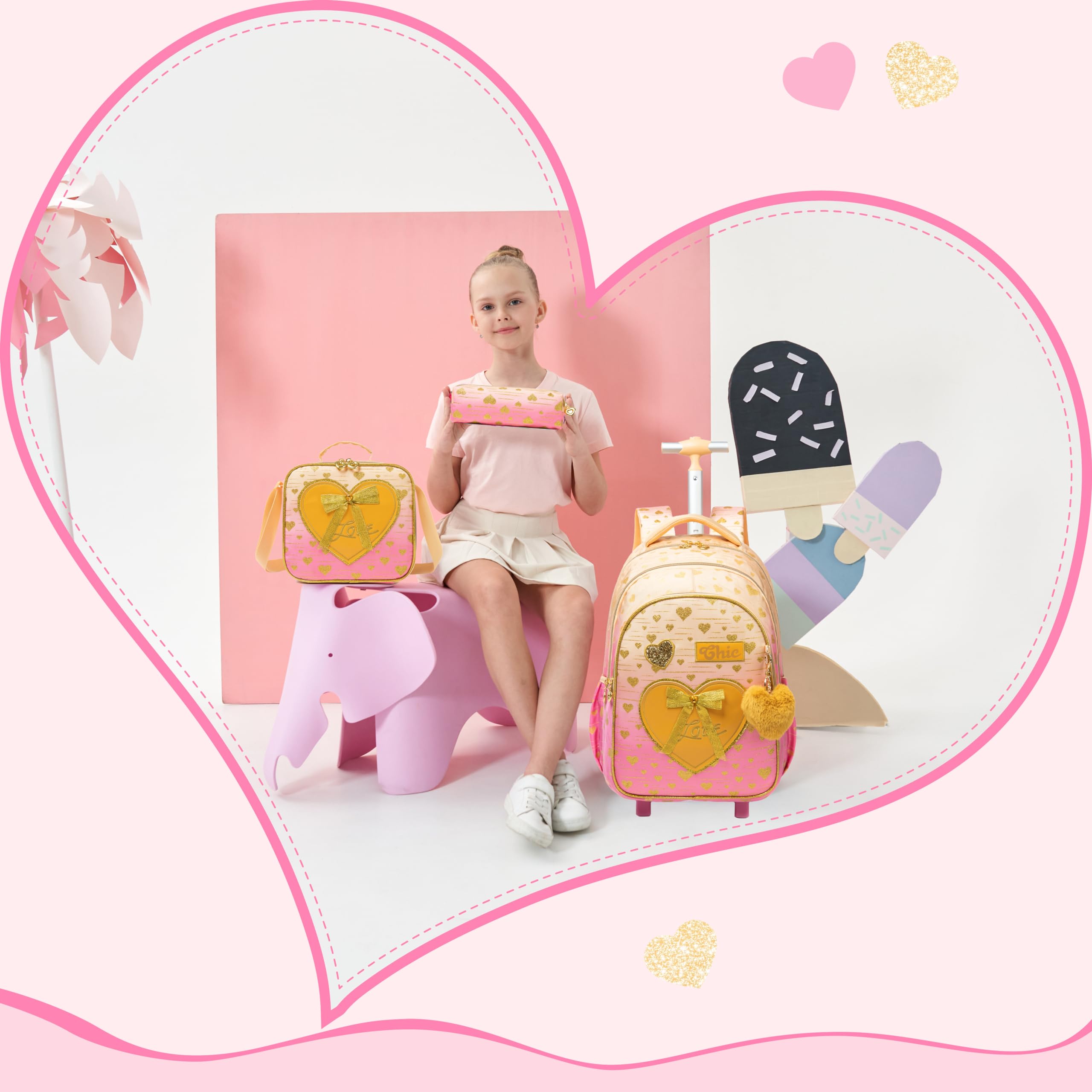 HTgroce Cartable à Roulette Sirène, Set 3 Pièces Sac à Roulette Fille Primaire Scolaire CE2