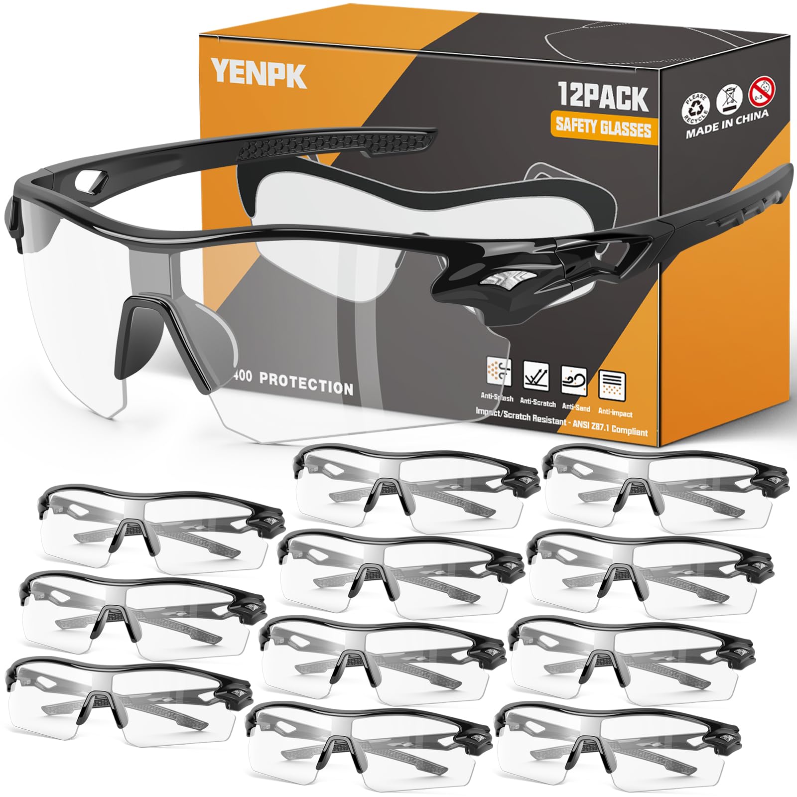Paquete de 12 gafas de seguridad, ANSI Z87.1+gafas de protección UV, resistentes a los impactos, antiarañazos, para hombres y mujeres