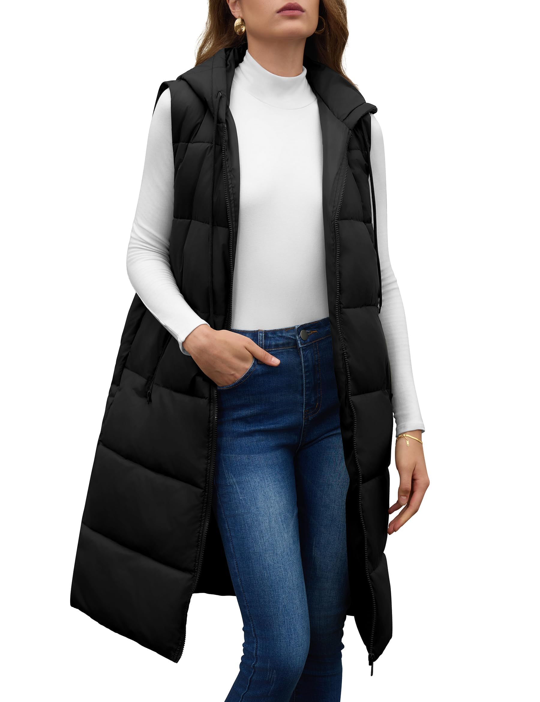 Fengbay Chaleco Largo Acolchado para Mujer, Chaleco Sin Mangas con Capucha Ajustable, Relleno de Plumón Ligero, Abrigo Invierno con Bolsillos, Cálido y Elegante para Calle, Viaje y Exterior