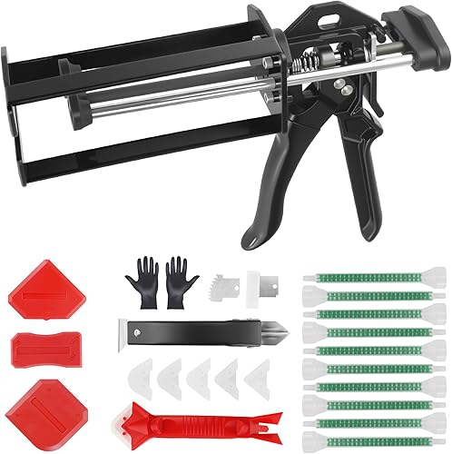 Pistola epoxi negra de 6.8 fl oz de doble componente profesional resistente de metal para cartuchos duales 11 y 21 mezcla, aplicador de epoxi para