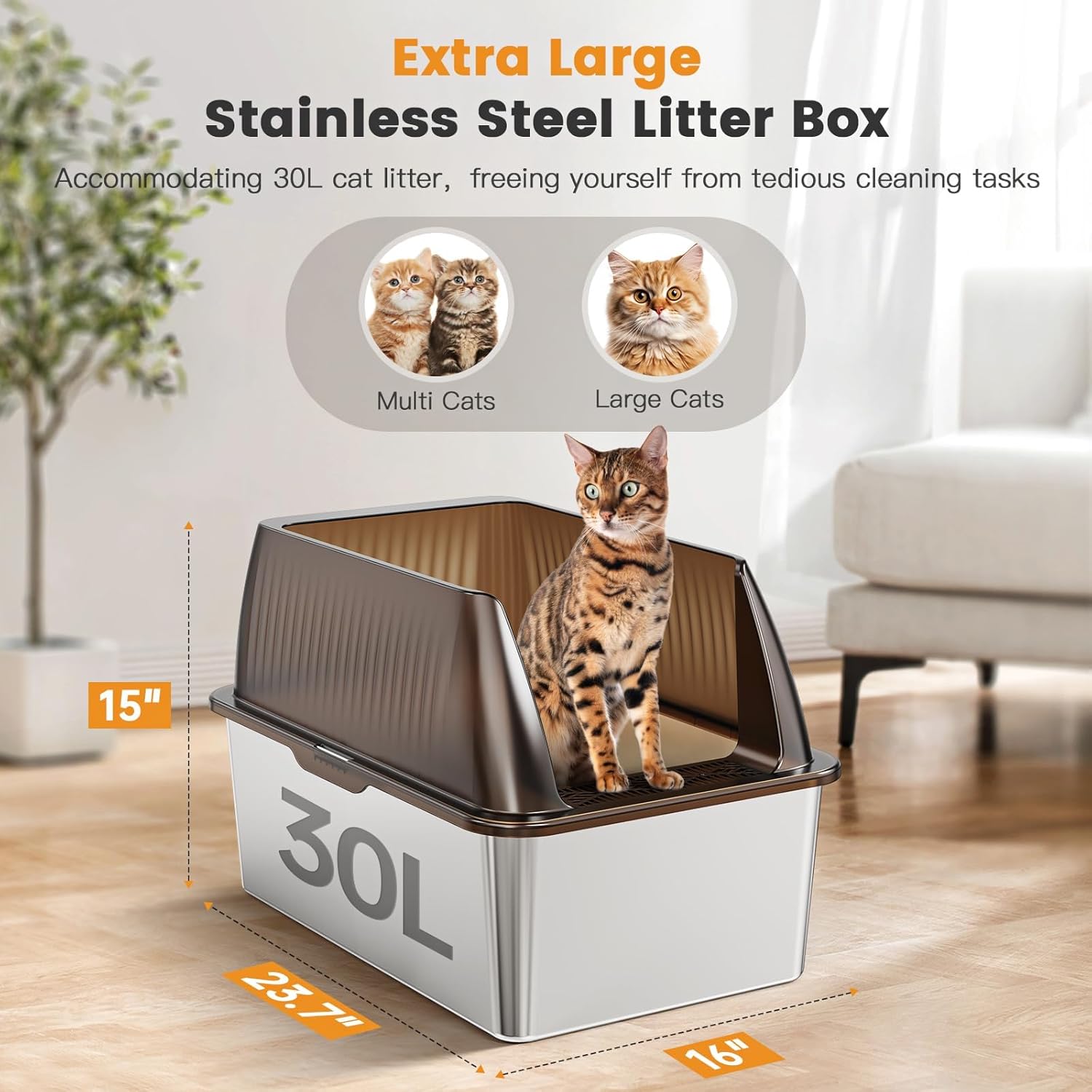 Tripamin 15” XL Stainless Steel Cat Litter Box Enclosure, XXL Stainless Steel High Sides with Lid, Extra Large Metal Cat Litter Box (Transluce, 2-pcs XX-Large) Transluce 2-pcs XX-Large