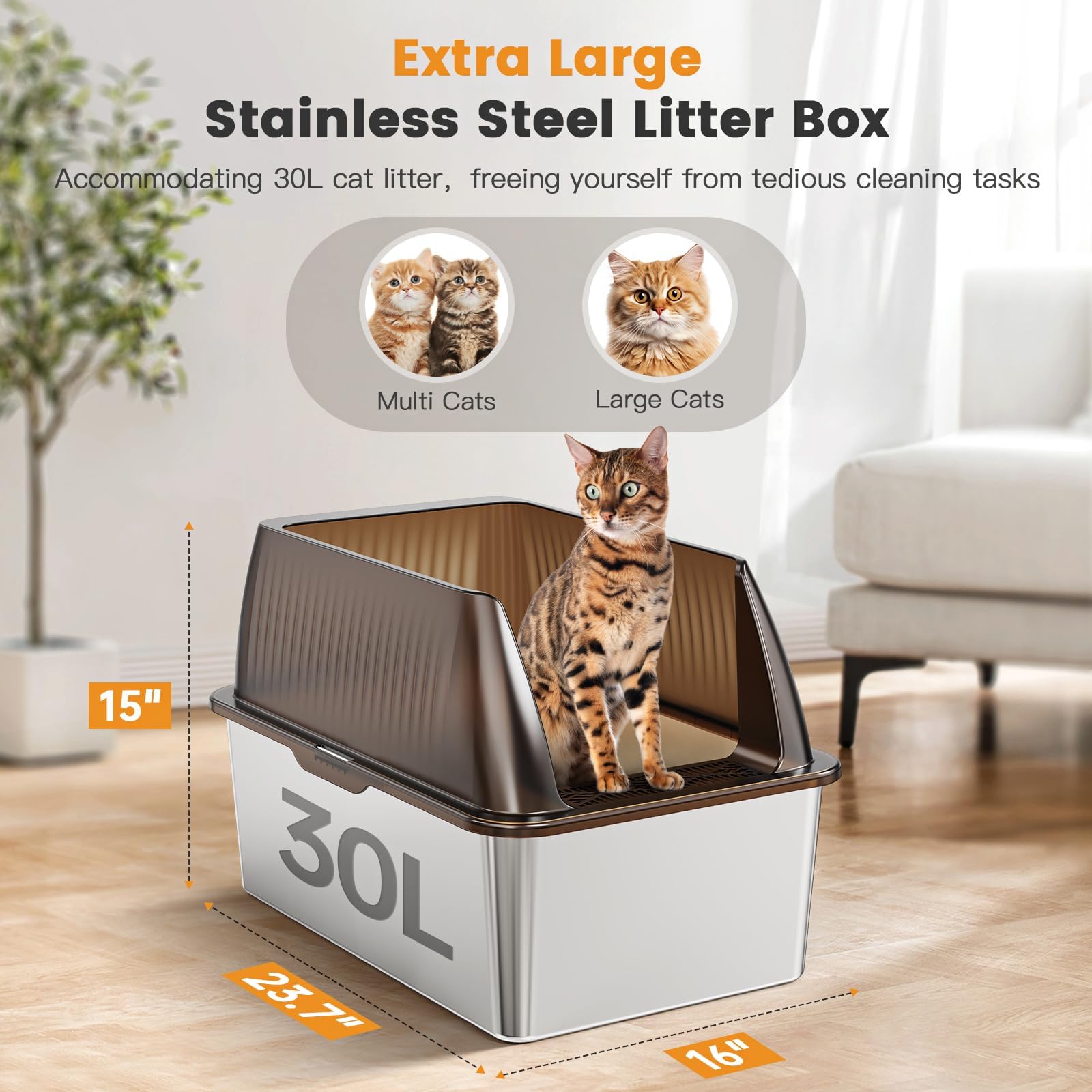 Tripamin 15” XL Stainless Steel Cat Litter Box Enclosure, XXL Stainless Steel High Sides with Lid, Extra Large Metal Cat Litter Box (Translucent Black, XX-Large) - image 2