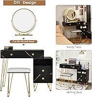 Vista 5 de CHARMAID Escritorio de tocador con armario lateral reversible, mesa de tocador de maquillaje con espejo iluminado, 3 luces de color, 4 cajones