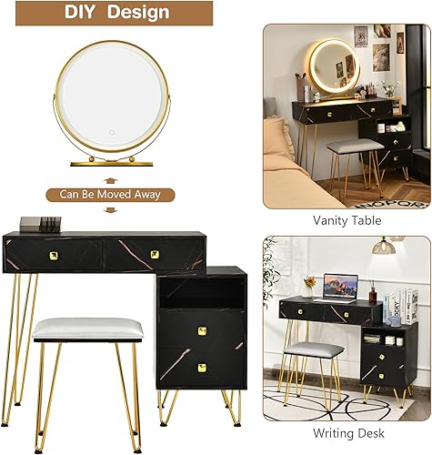 Miniatura 5 de CHARMAID Escritorio de tocador con armario lateral reversible, mesa de tocador de maquillaje con espejo iluminado, 3 luces de color, 4 cajones,