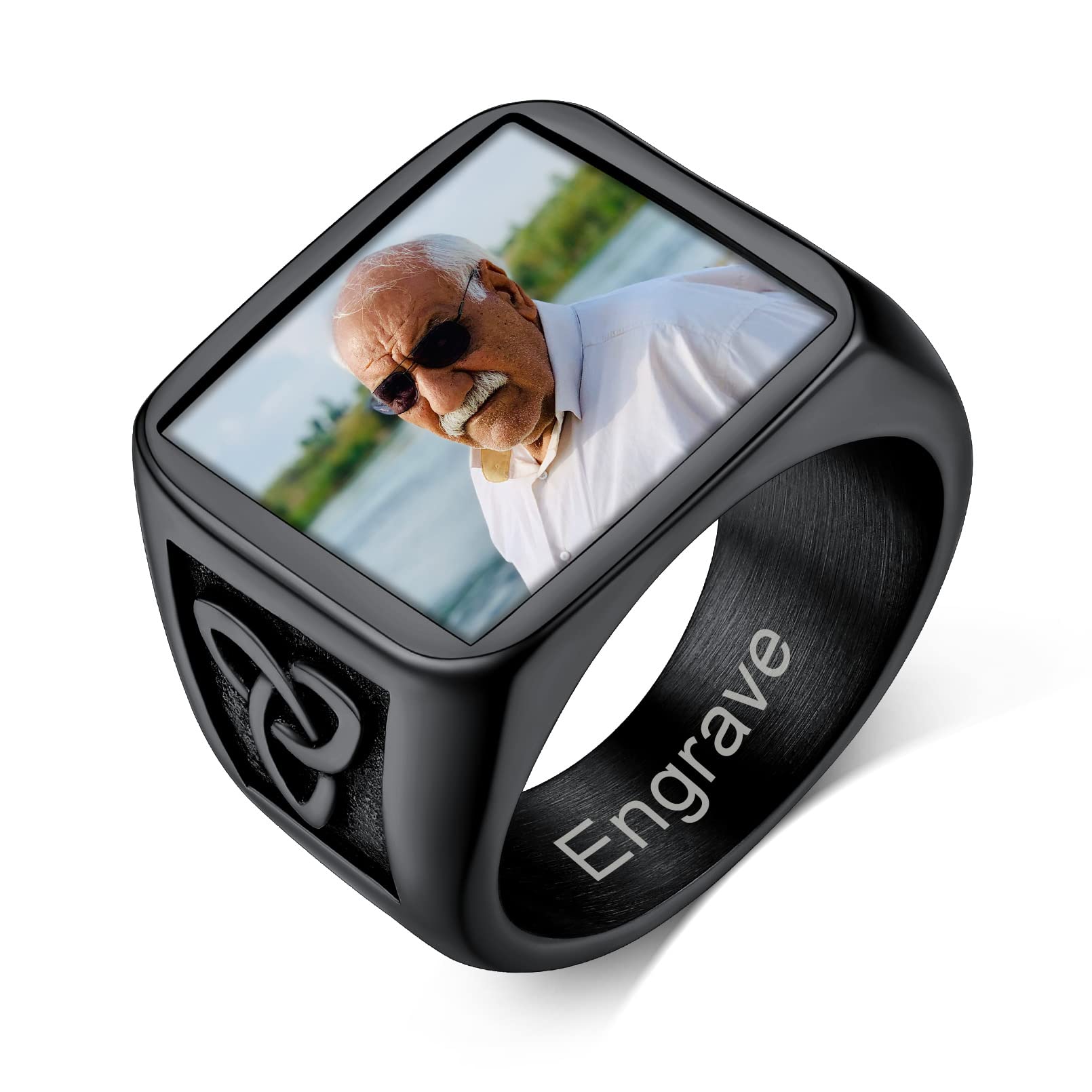 Custom4U Personalized Rings with Pictures Inside Custom Photo Ring Name Engraving Stainless Steel Signet Ring/Heart Ring Size 7-14 Customized Memorial