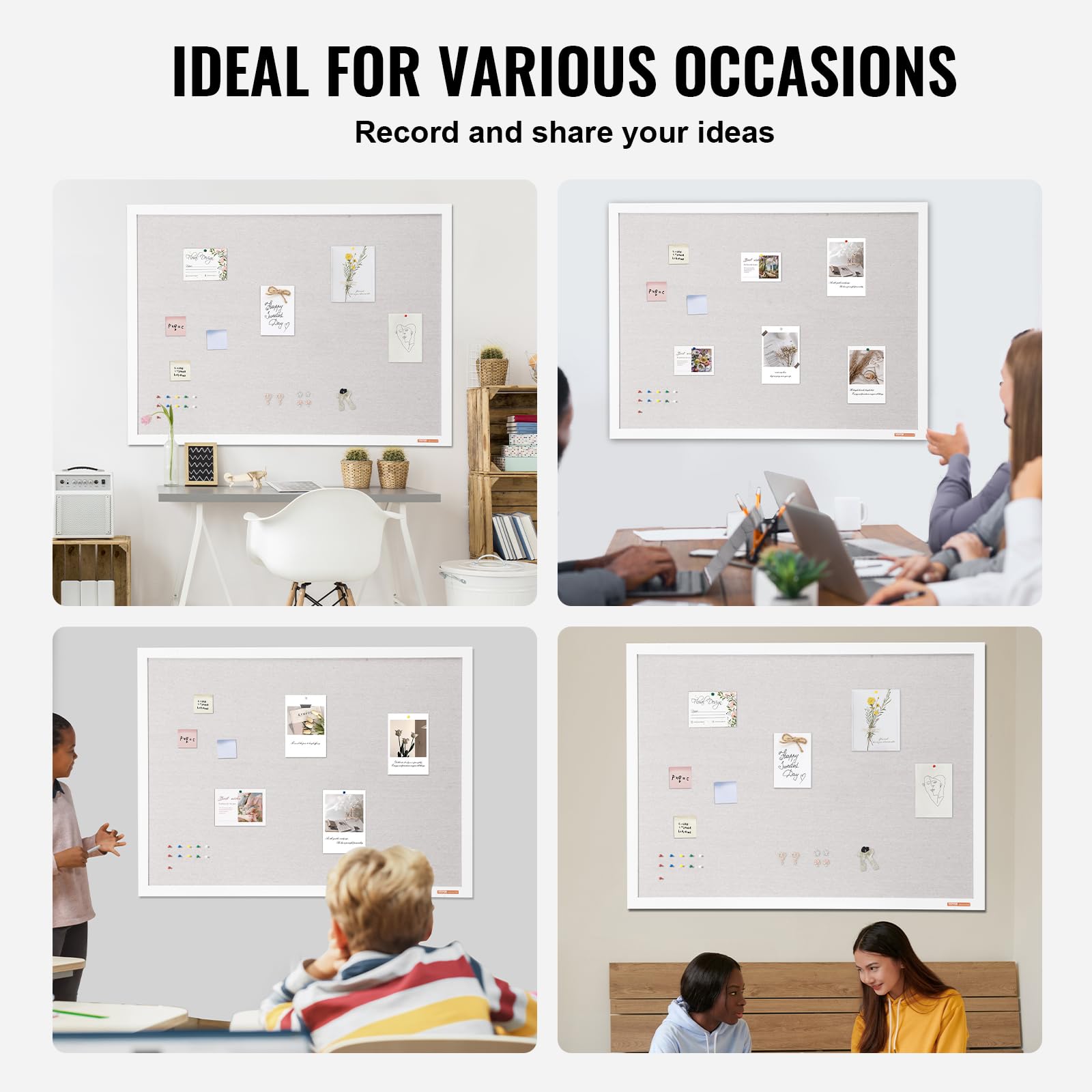 VEVOR Tablero de Corcho Blanco con Superficie de Lino 1200 x 900 mm Tablón de Anuncios de Pared con Marco de Madera Blanco Tablón de Anuncios Elegante y Funcional para Hogar, Escuela, Oficina