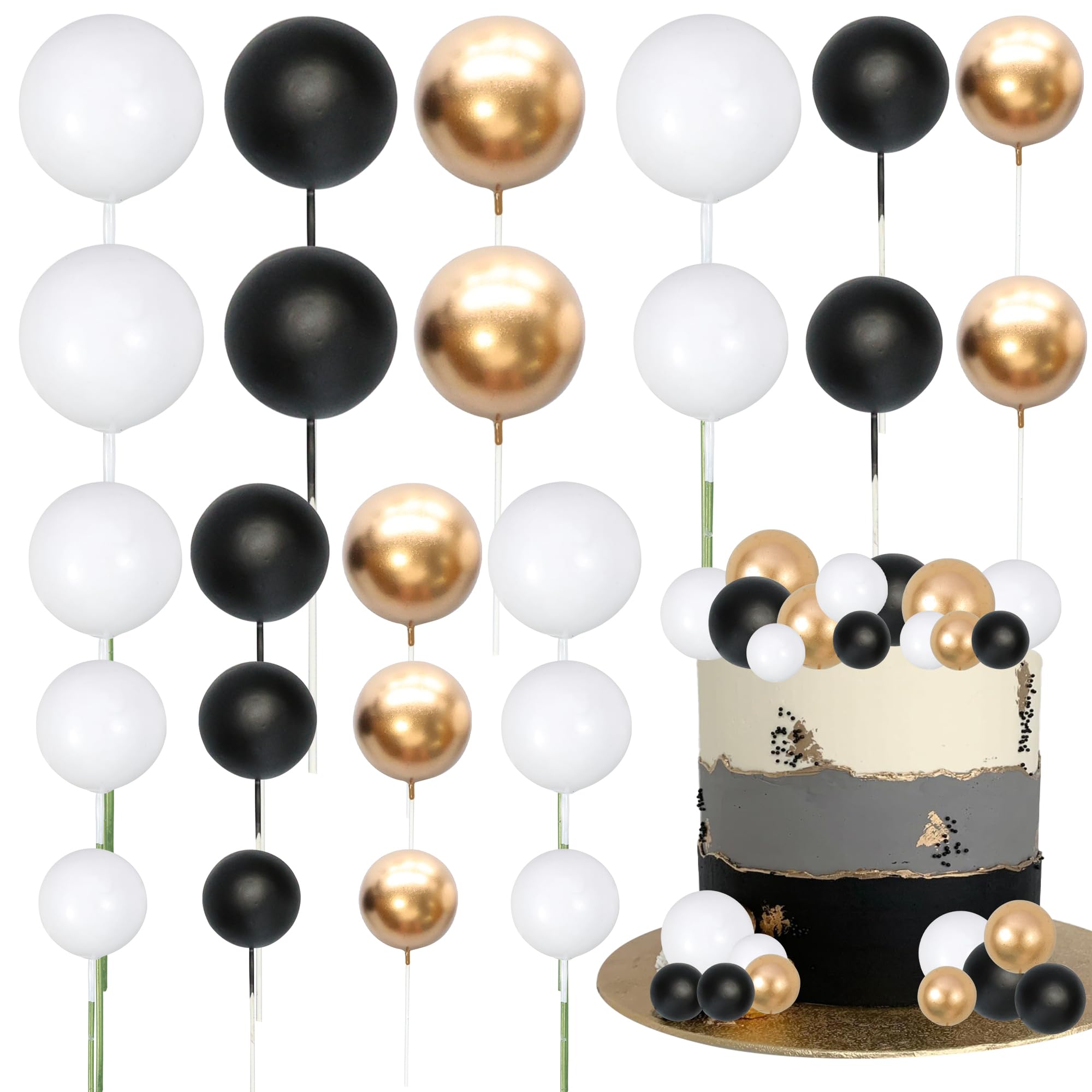 Gyufise 30Pcs Black White Gold Ball Cake Toppers Mini Balloon Cupcake Toppers DIY Foam Ball Cake Insert Decoration for Wedding Anniversary Birthday