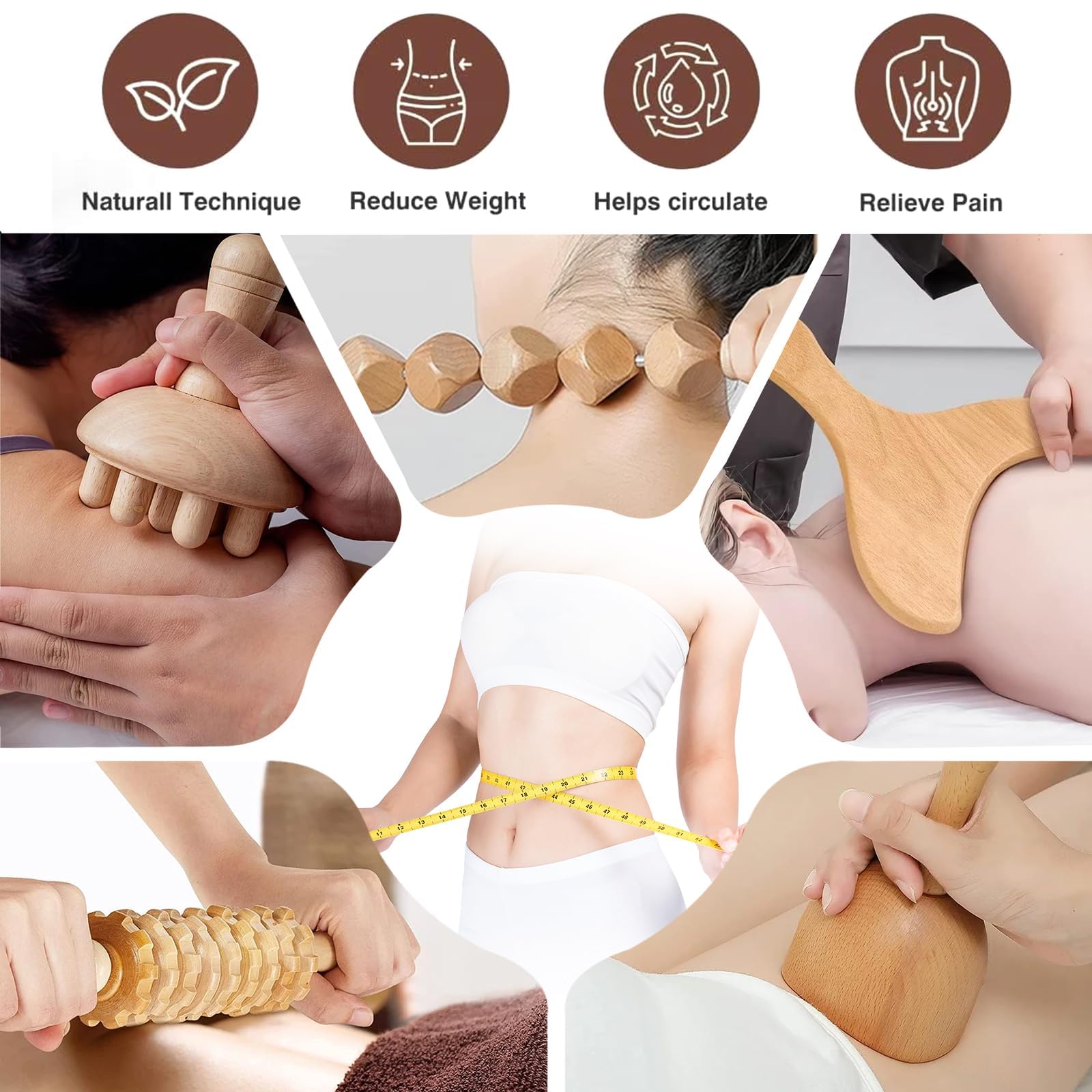 Kit de massage en bois 8 pièces – Masseur de madérothérapie pour drainage lymphatique, tonification du corps et anti-cellulite, relaxation musculaire et soulagement de la douleur