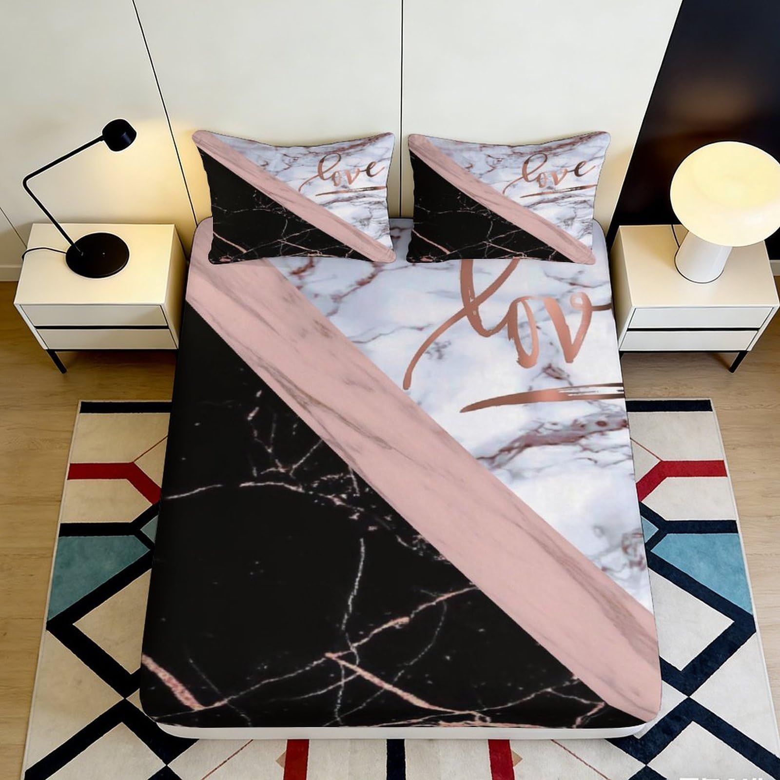 3D Printed Pink Marble Fitted Sheet Microfiber Non-Slip Deep Pocket Bedroom Bedding Pink Marble Mattress Fitted Cover Full Wrap for All Ages 140x200x25cm