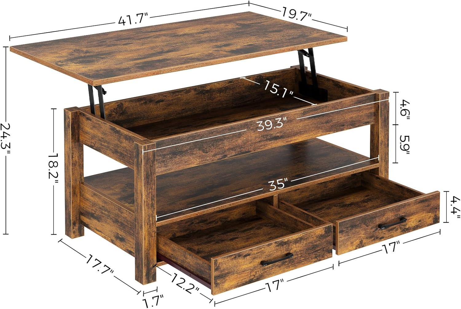 Diagram showing dimensions of the Rolanstar Lift Top Coffee Table.