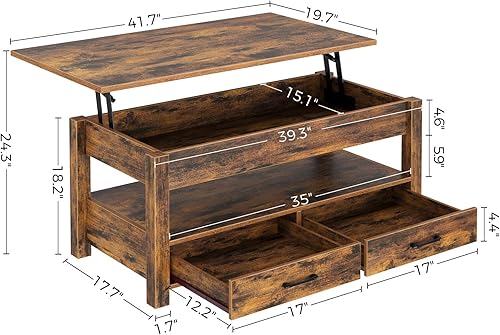 Miniatura 3 de Rolanstar - Mesa auxiliar, mesa de centro con cajones y compartimento oculto, mesa central retro con tablero de elevación de madera, para sala de