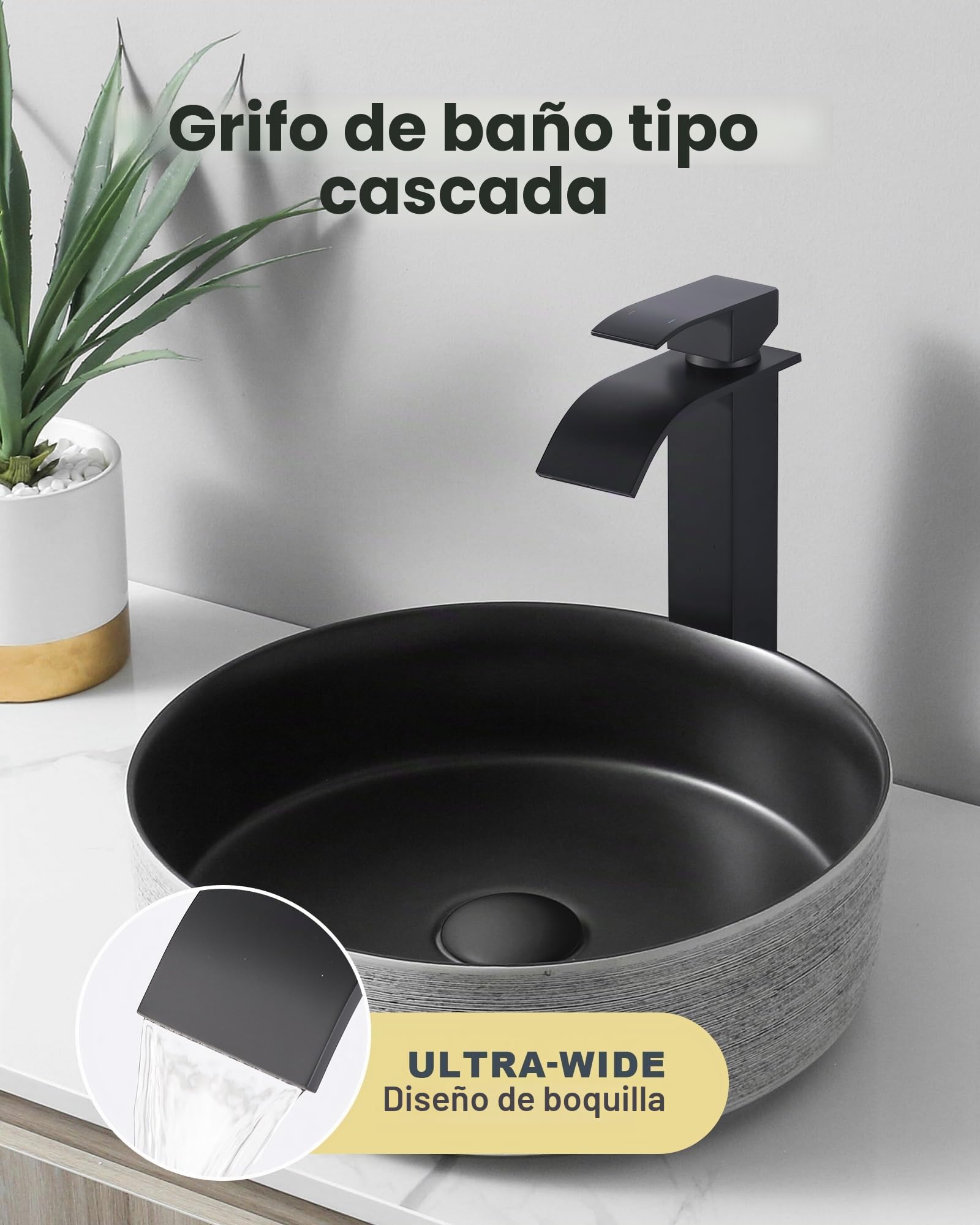 Grifo de cascada para baño negro, mezclador de lavabo monomando de acero inoxidable. Altura de salida 224 mm. Grifo de lavabo para 1 orificio, mezclador de recipiente con mangueras de agua de 60