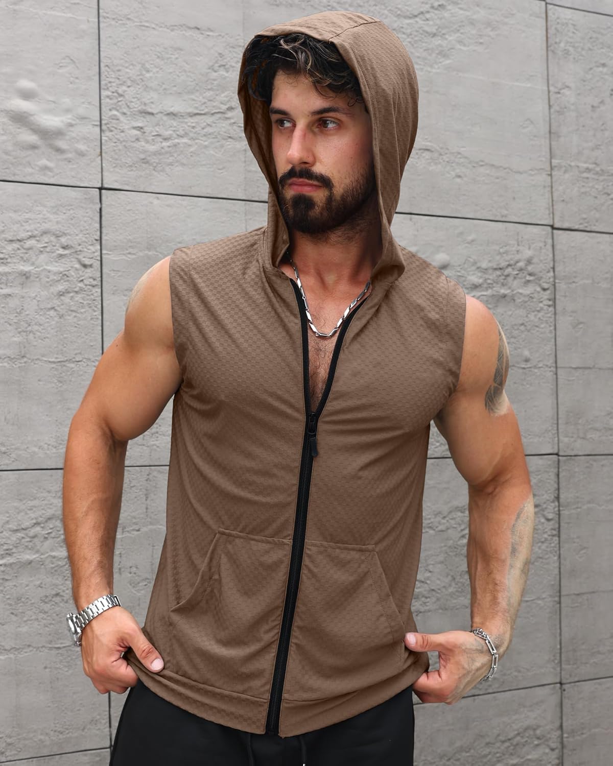 Aiyino Men's Workout Hooded Tank Tops Zip Up Sleeveless Gym Shirts Muscle Cut Off T Shirt Bodybuilding Hoodies - Image 2