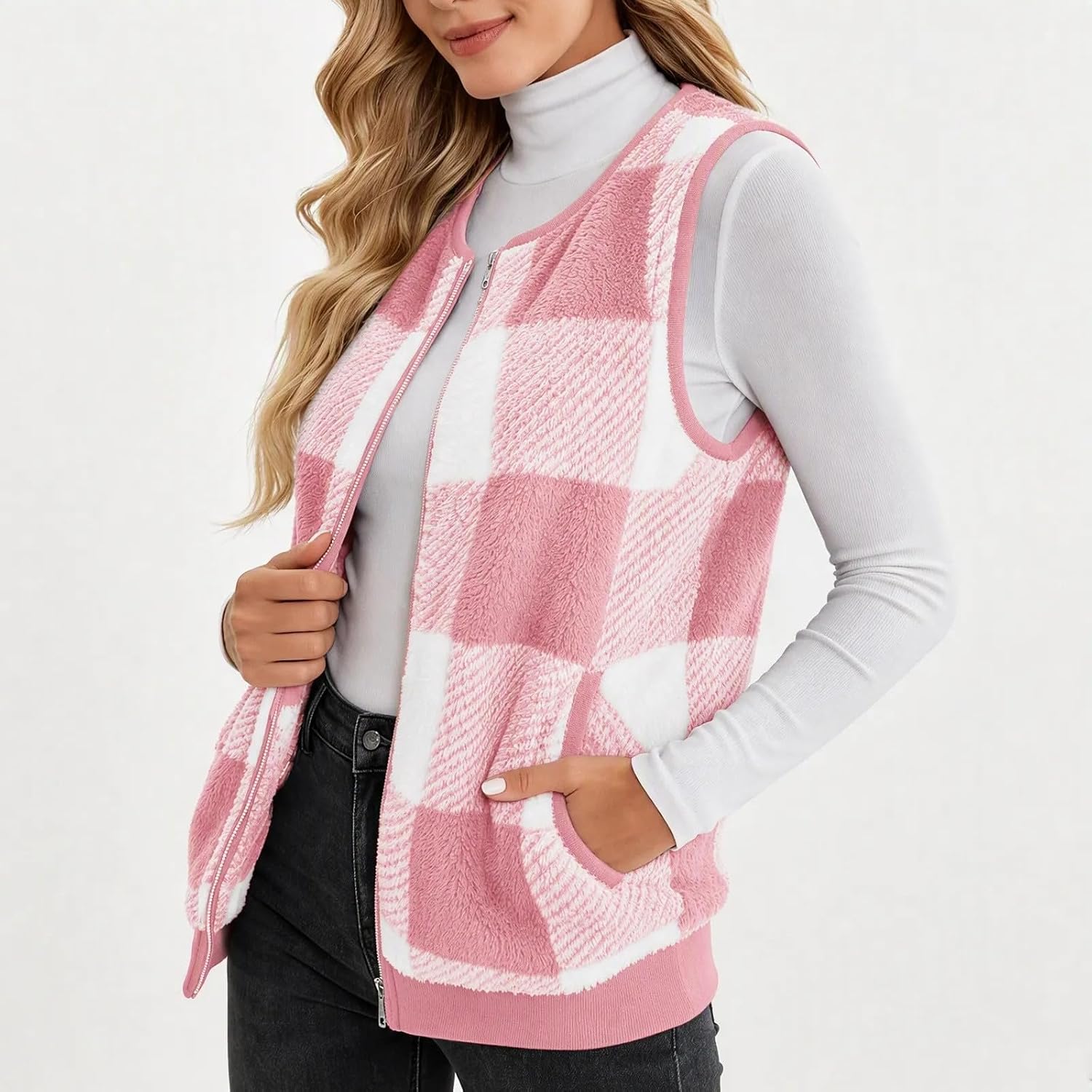 Women's Plaid Fuzzy Vest Zip Up Crew Neck Casual Sleeveless Jacket