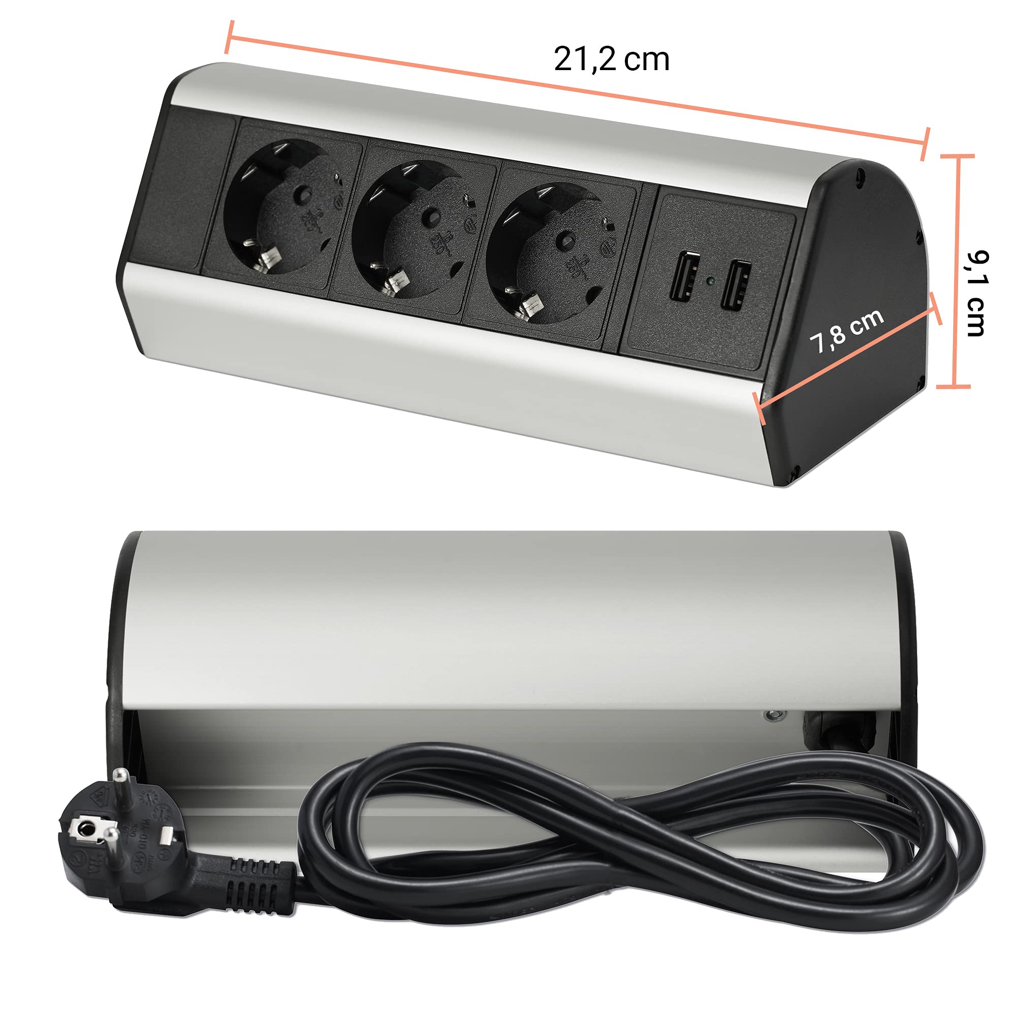 Mehrfach-Steckdose 3-fach & 2x USB mit 2M Kabel - Steckdosenleiste als Schreib-Tischsteckdose und Steckdosenverteiler - Steckerleiste für Küche Büro Stromleiste mit einfacher Montage