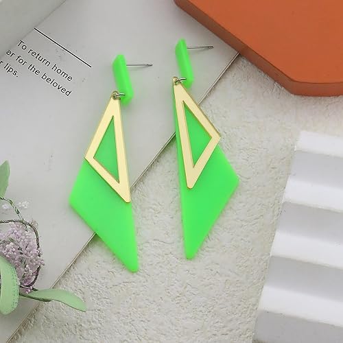 Miniatura 4 de Aretes de neón retro de los años 80 para mujer, aretes colgantes de neón triangulares acrílicos, coloridos aretes geométricos de gota, brillantes