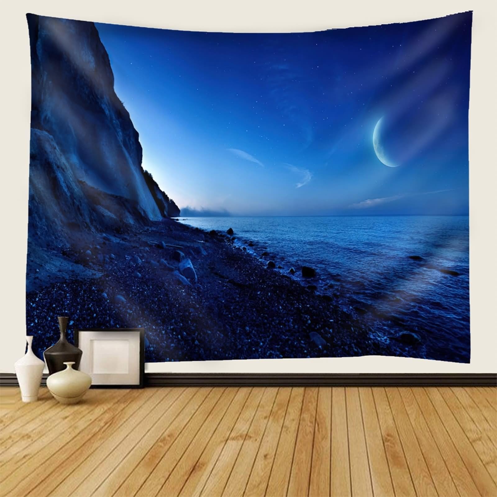 Aotiwe Nowoczesna dekoracja ścienna z materiału, morze i księżyc, ciemnoniebieska, makata na ścianę, duża, 200 x 200 cm