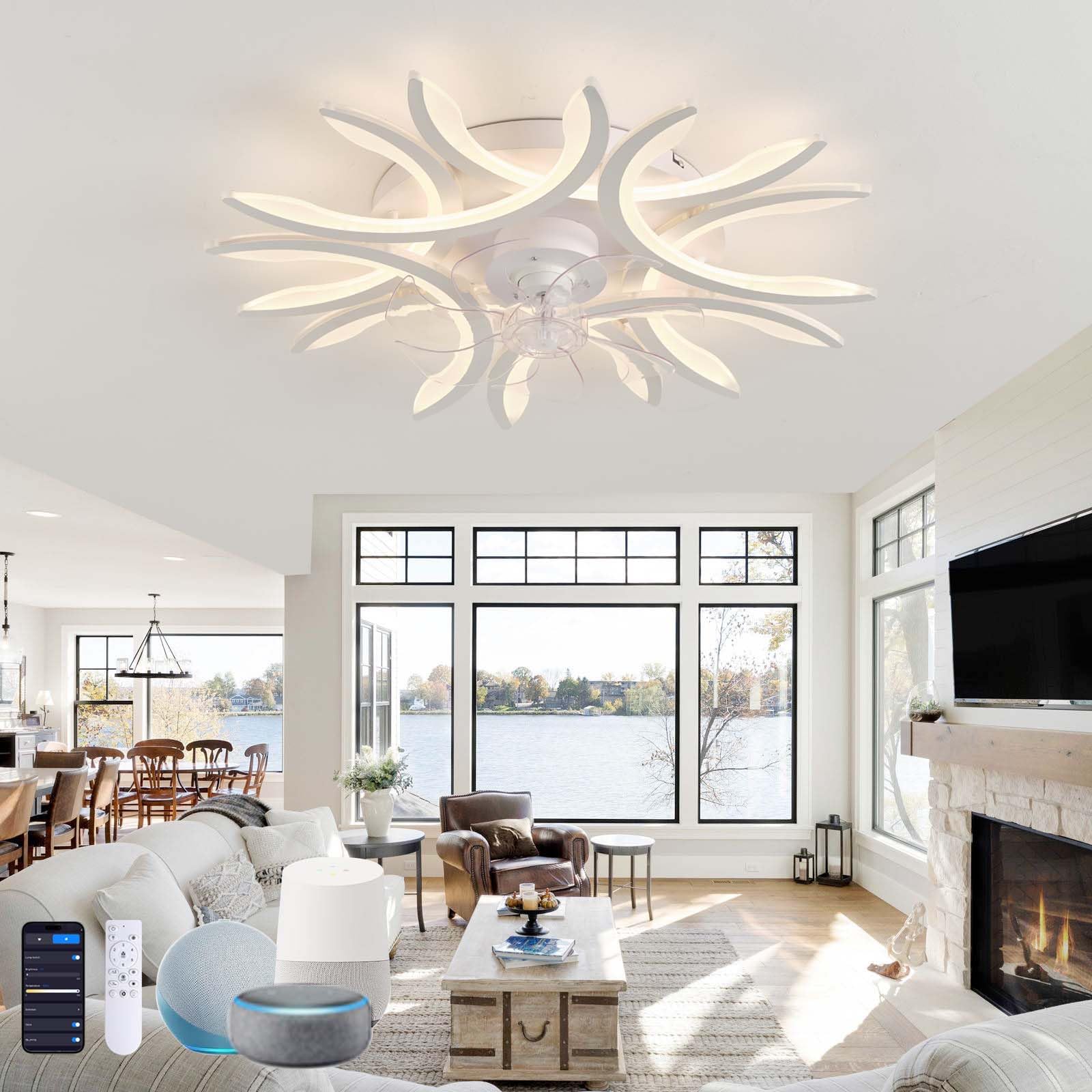 Lampara Ventilador Techo Flores Funciona con Alexa, Ventilador Techo Con Luz Reversible 6 Velocidades Silencioso, Ceiling Fan with Light LED Regulable Función Memoria Para Salón-Blanco