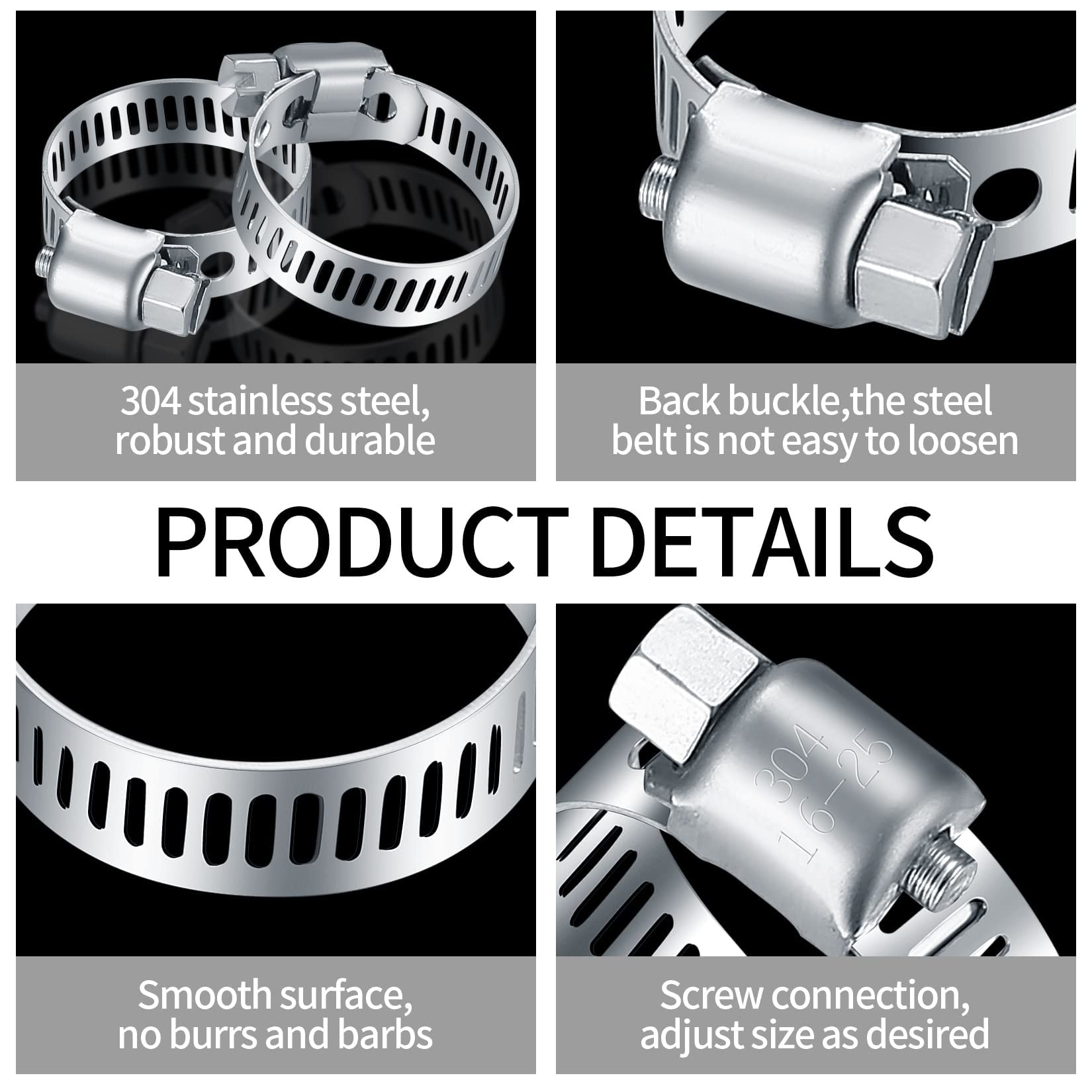 Acrux7 16-Pack 304 Stainless Steel Hose Clamps – 11 Inch, Adjustable 270-292mm (10.6-11.5"), Fuel Line & Duct Clamps, Rustproof, Screw Adjustment, For Automotive, Marine & Plumbing