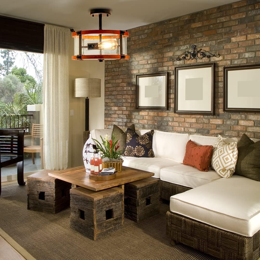 Free Shipping Offer ROTTOGOON Semi Flush Mount Ceiling Light, 13 Inch 2-Light Rustic Vintage Wood Ceiling Light Fixture with Clear Seeded Glass Shade for Entryway, Hallway, Foyer, Dining Room, Living Room