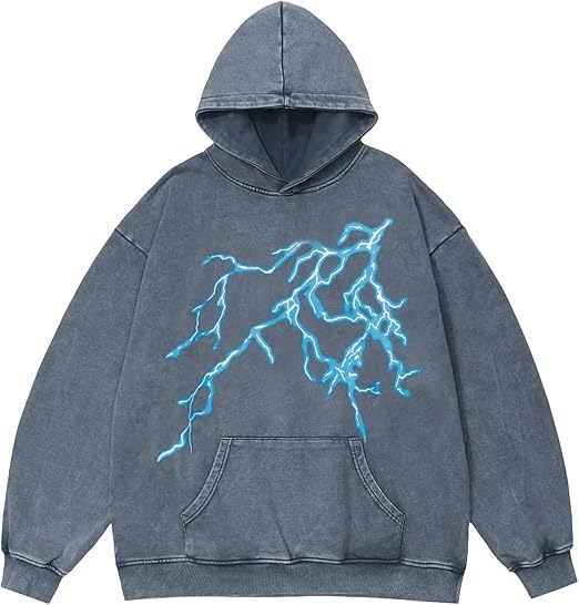 Vamtac Lightning Graphic Hoodies for Men Oversized Unisex Wash Hoodie Y2k Vintage Pullover Hooded Sweatshirt