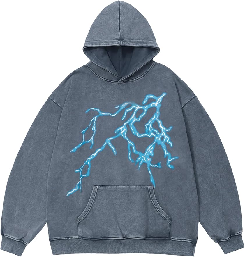 Vamtac Lightning Graphic Hoodies for Men Oversized Unisex Wash Hoodie Y2k Vintage Pullover Hooded Sweatshirt