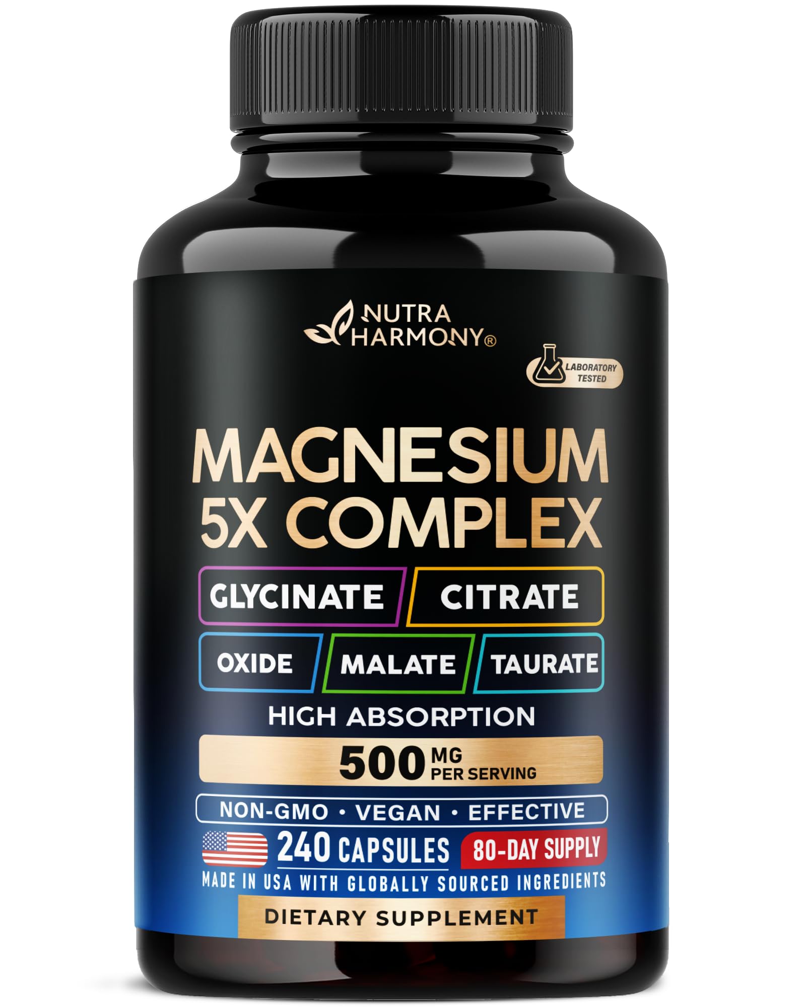 Magnesium Supplement - 5 in 1 Complex 500 mg | Glycinate | Citrate | Malate | Taurate | Oxide - Made in USA - Stress, Muscle & Heart Support - Vegan, Natural, Non-GMO - 240 Capsules