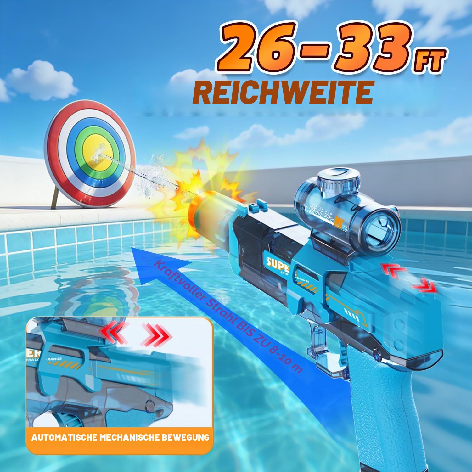 4 Pack Wasserpistole Elektrisch, Wasserpistolen mit Cooler LED-Flamme, 8-10 M Reichweite, Wasserpistole kinder für Schwimmbad, Strandparty, Sommer-Spielzeug im Freien für Jungen und Mädchen 3-12 Jahre