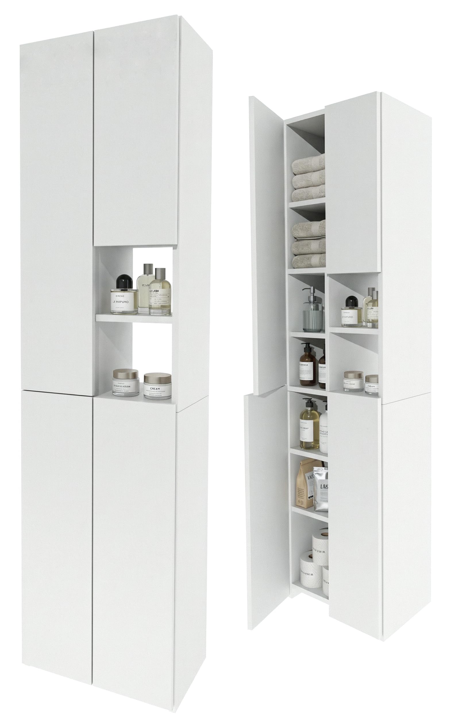 Badschrank Hochschrank schmal stehend | Badezimmer Regal mit Stauraum | platzsparender Badezimmerschrank | Weiß