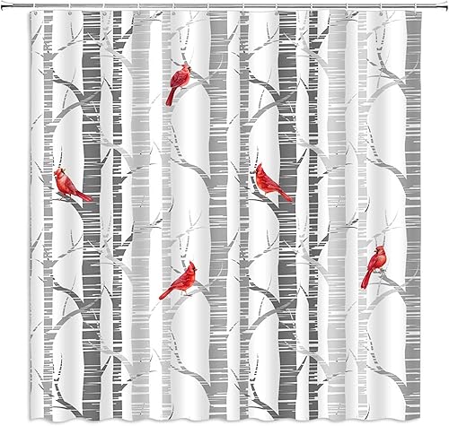 Miniatura 1 de YSATNSFT Cortina de ducha con diseño de pájaro rojo con cresta roja, árbol abstracto, ramas del bosque, otoño e invierno, vacaciones, Feliz Navidad,