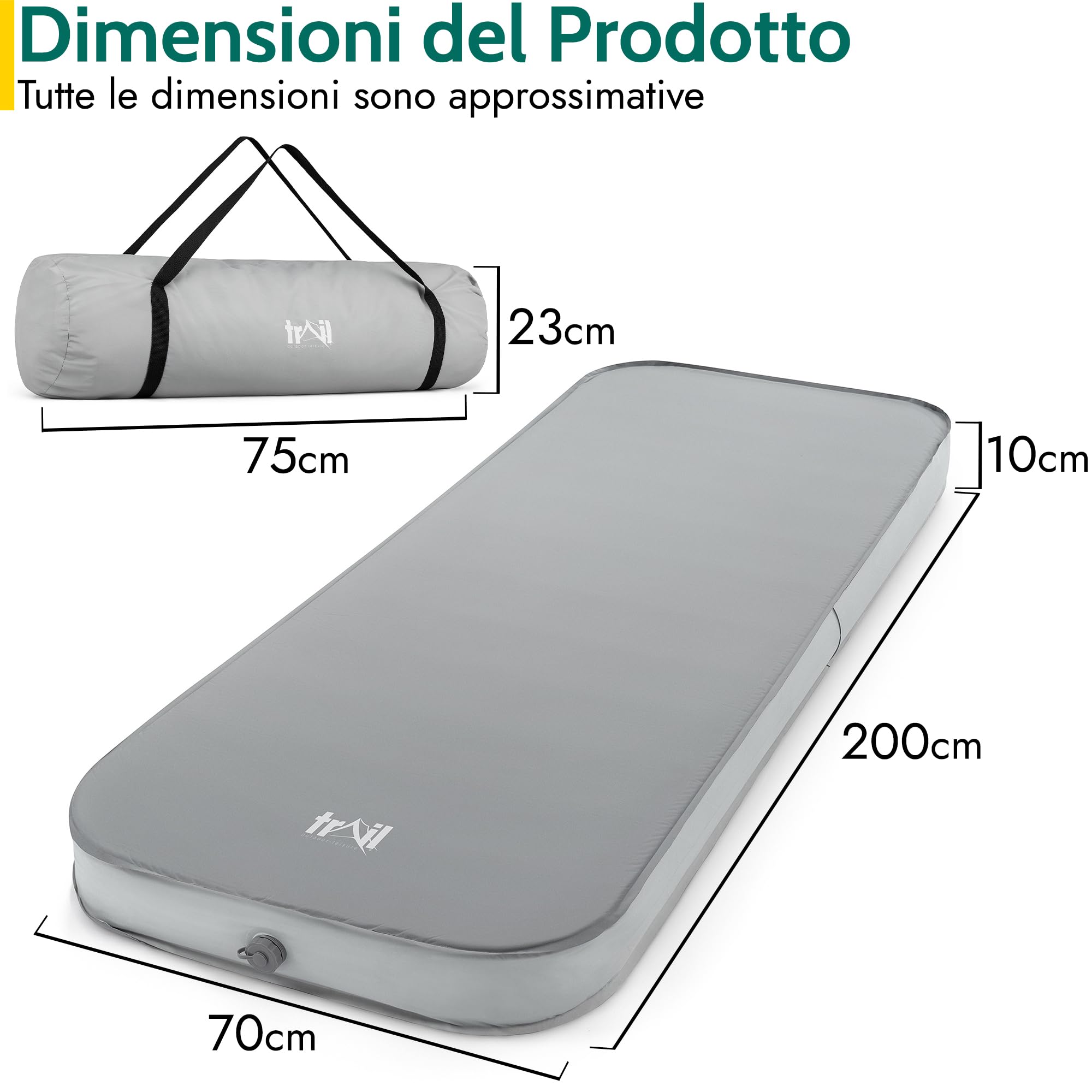 trail outdoor leisure Materasso Autogonfiabile Singolo, Materassino Autogonfiante Deluxe con Nucleo in Memory Foam, Tessuto Spazzolato, Custodia Inclusa (200 cm x 70 cm x 10 cm)