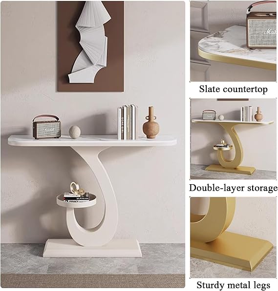 Entryway Table with Marble Top, Modern Console Sofa Table with Storage, Accent Coffee Tables, for Entry, Hallway, Entrance, Foyer, Shaped Metal Frame