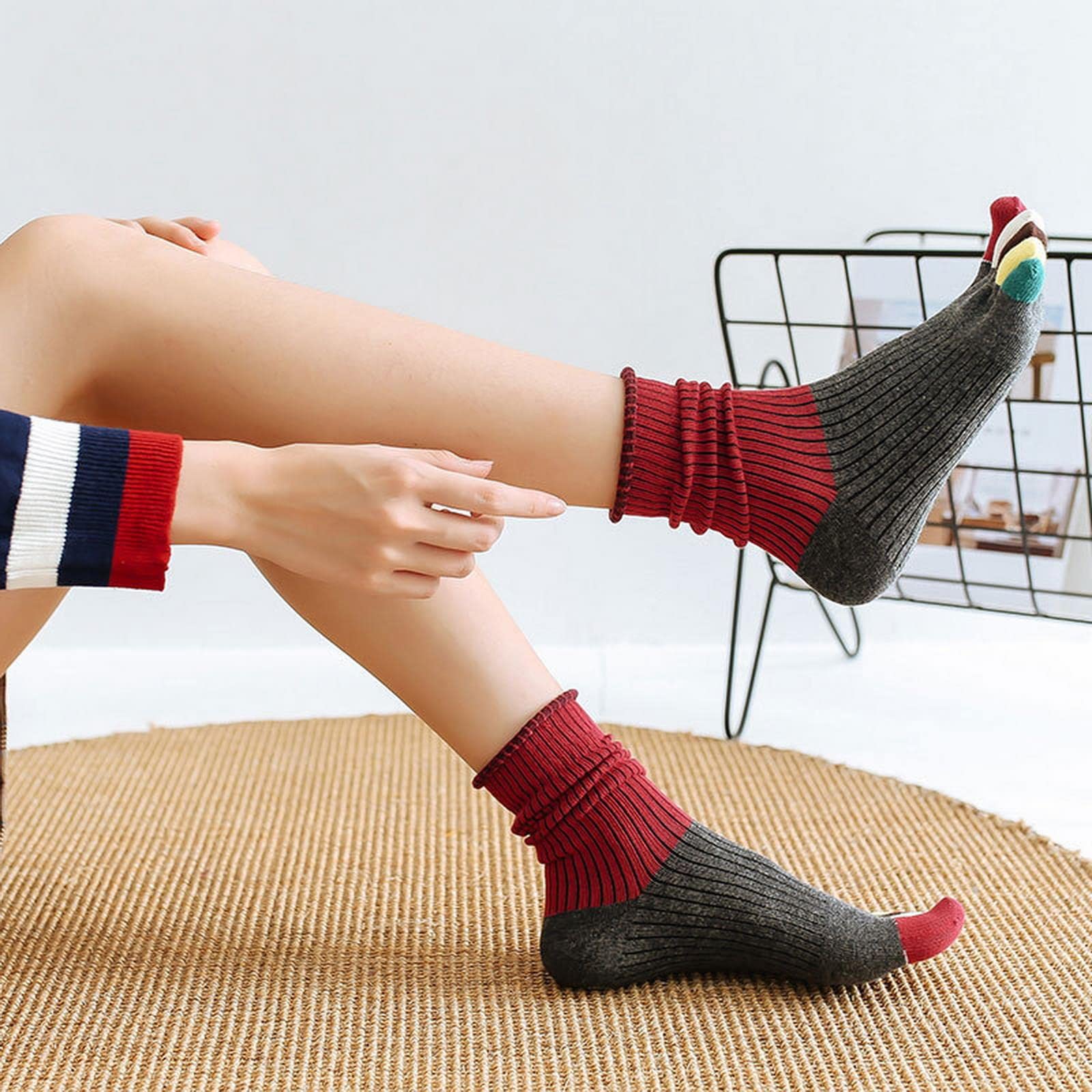 MOGSA Zehensocken 5 Paar Socken mit Zehen, Baumwoll-Stil, Anti-Atmungsaktiv, Fünf-Finger-Socken, 2Grün2Rot1Schwarz, Größe 36-40