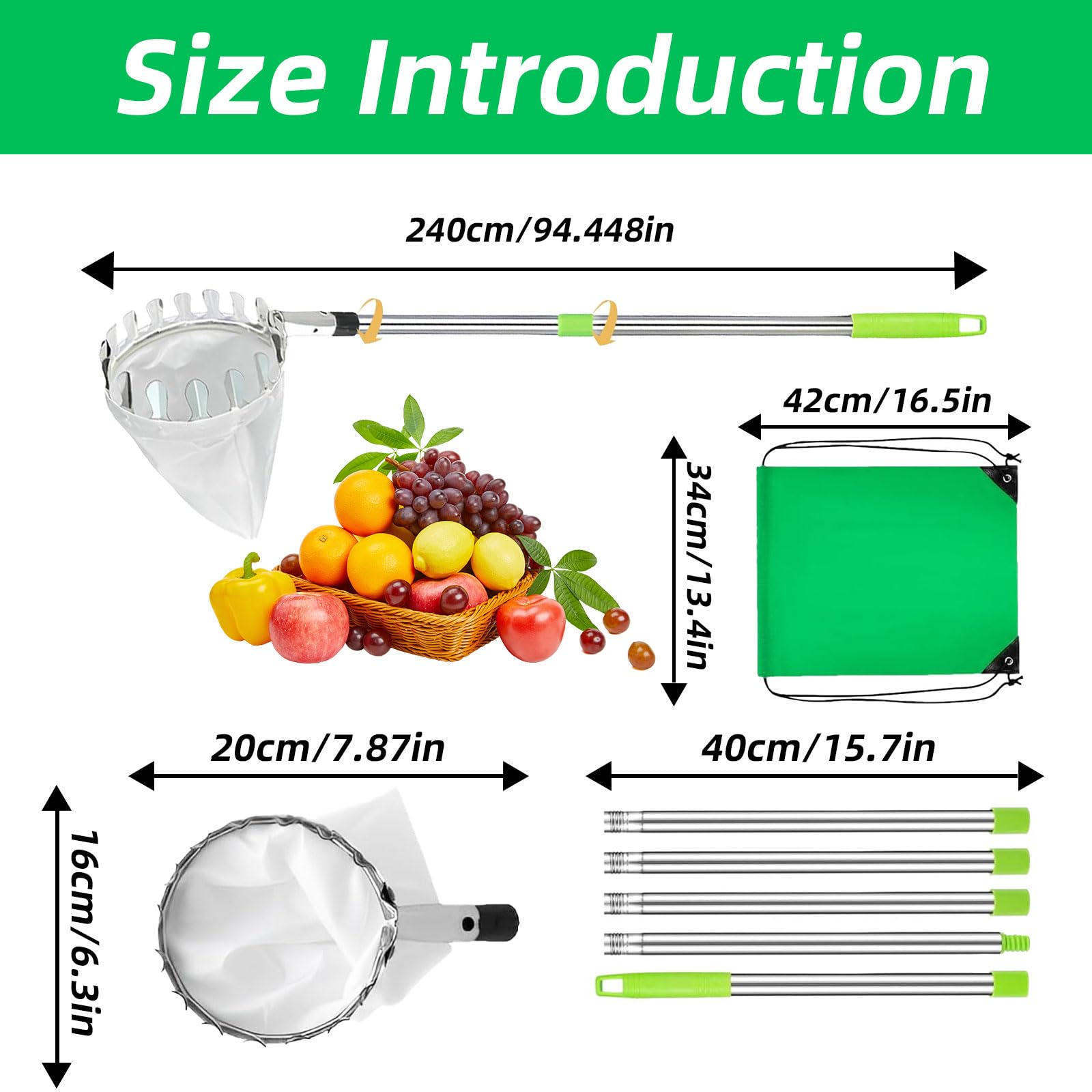 2.8m Raccoglitore Frutta Telescopico, Raccogli Frutta da Albero Acciaio Inox Leggero, Attrezzo Raccogli Frutta con Borsa in Cotone, Raccoglifrutta Regolabile in Mele