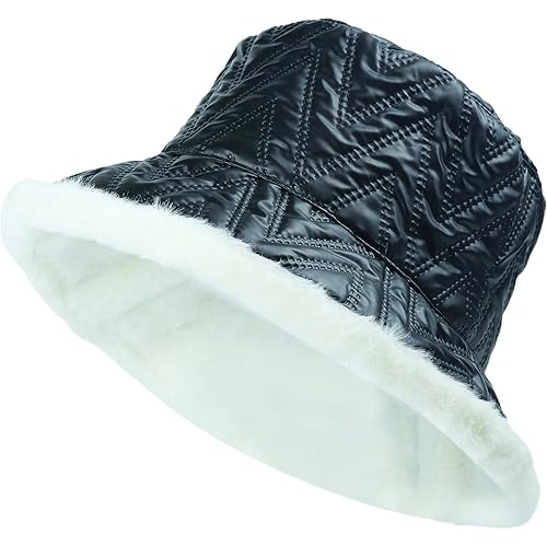 Koreshion Women Winter Bucket Hat PU Leather Double-Sided Wearing Warm Faux Fur Fluffy Bucket Cap Fisherman Hat