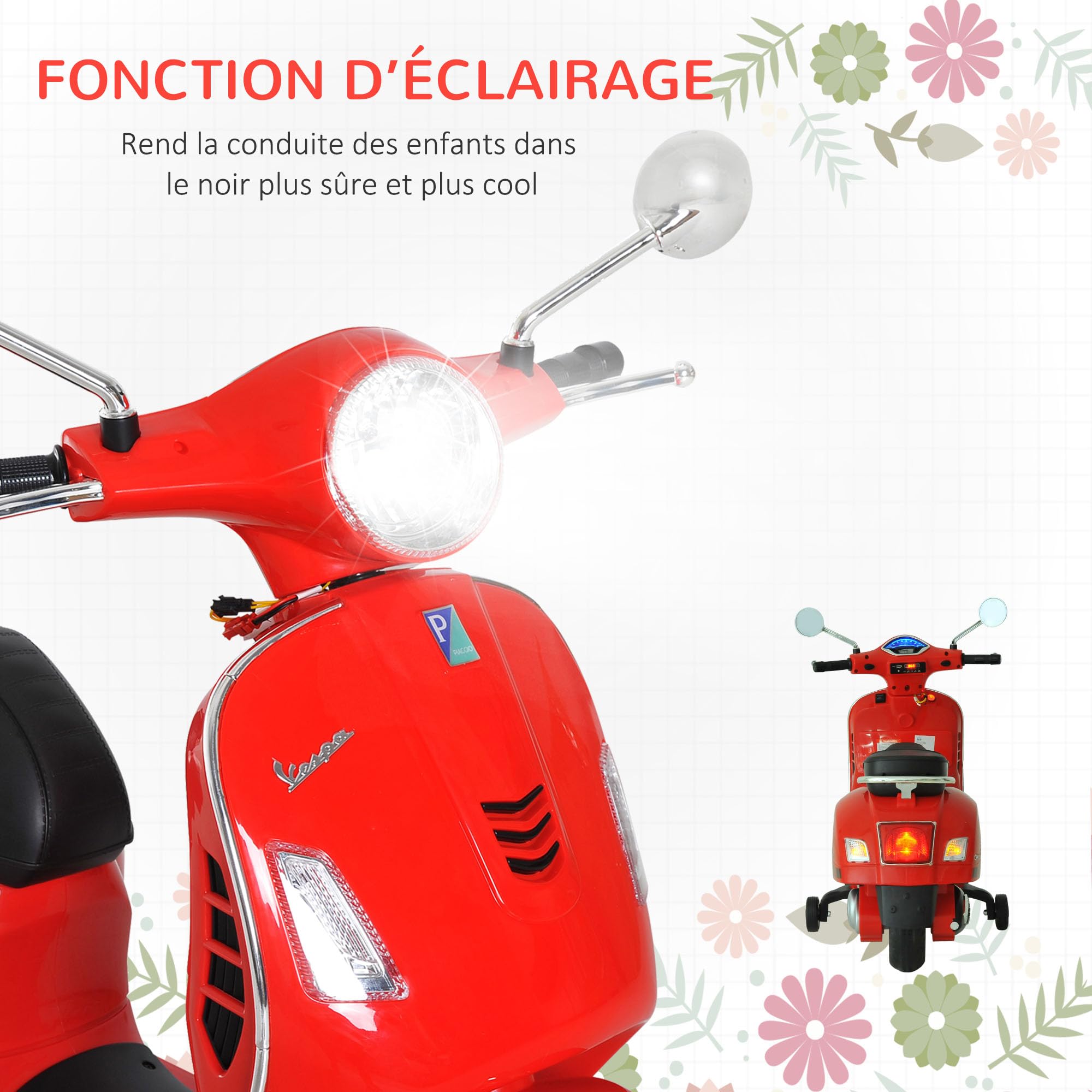 HOMCOM Vespa Scooter Moto électrique Enfants 6 V dim. 102L x 51l x 76H cm Musique MP3 Port USB klaxon Phare feu AR Rouge
