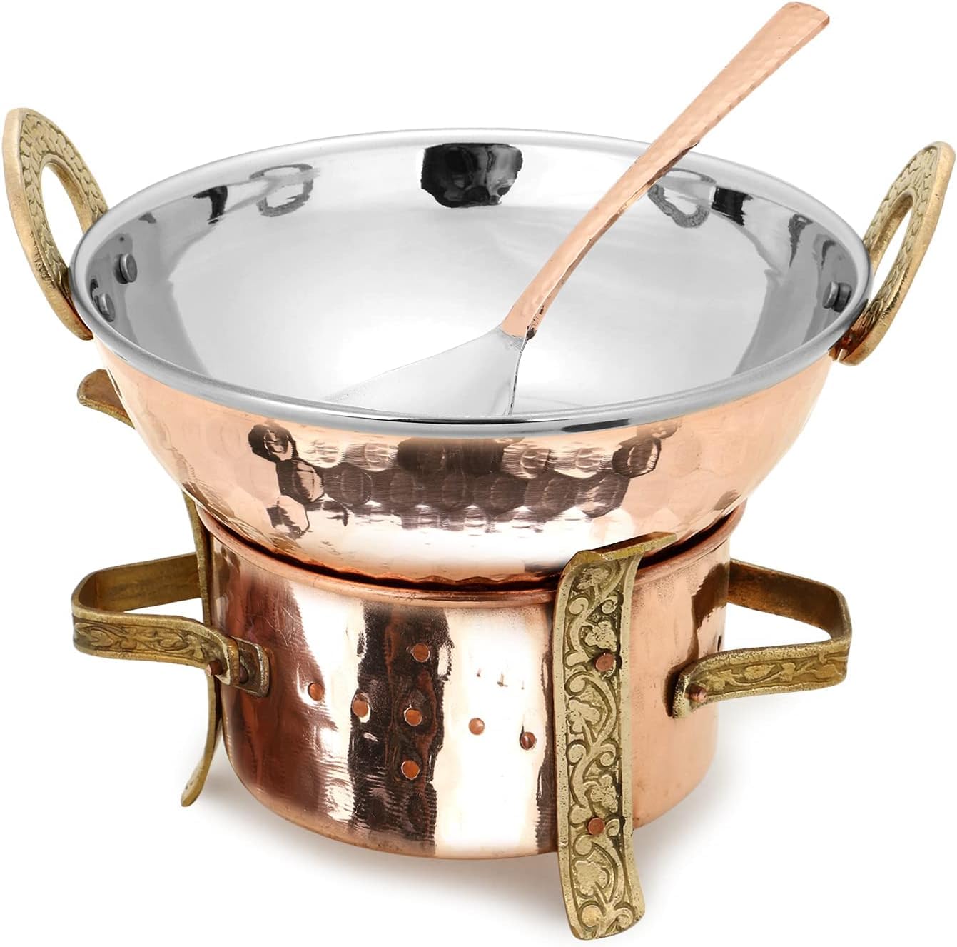 Cuillères de service indiennes Karahi Angithi en cuivre et acier noble