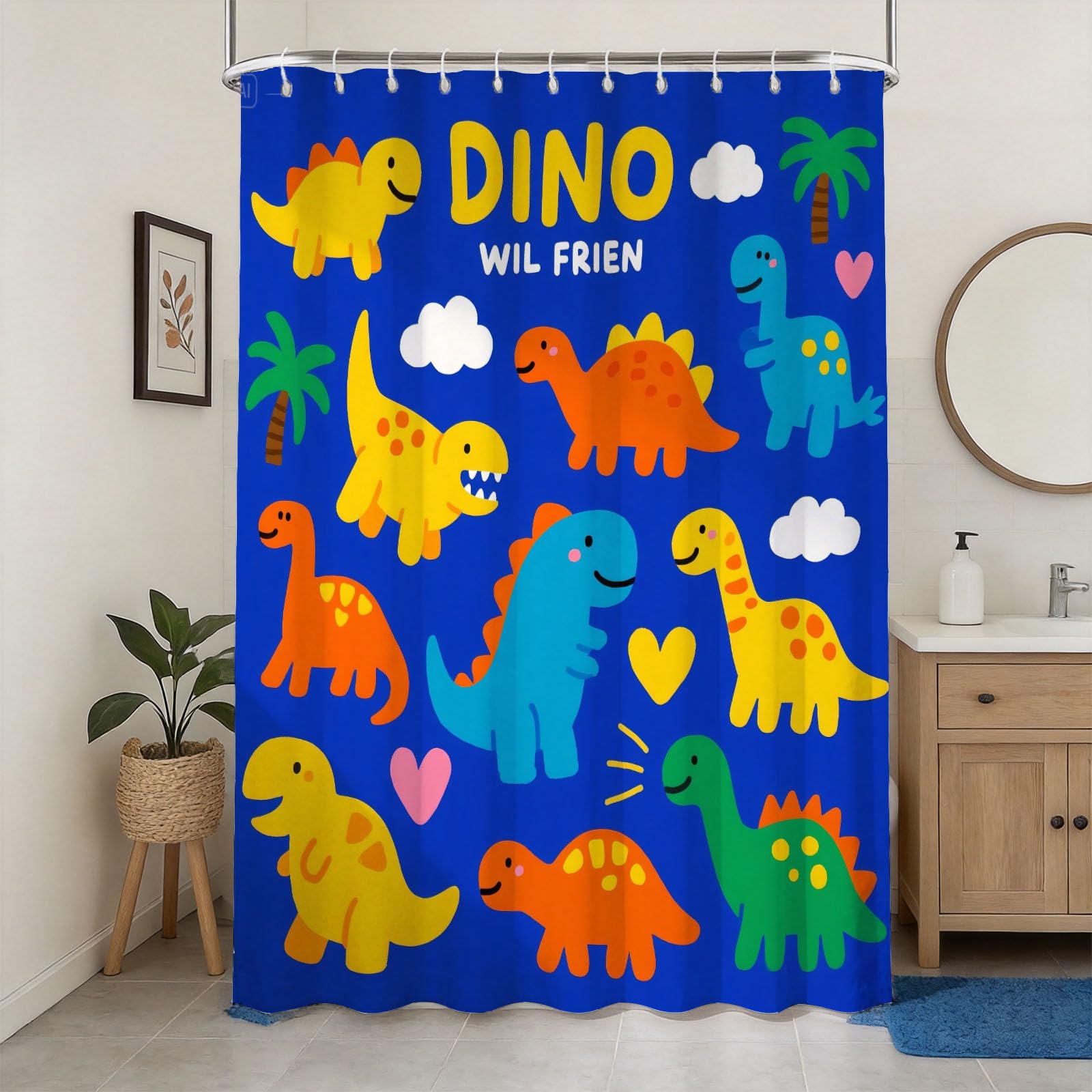 Hongduo 3D Cartoon Dino Shower Curtain for Stalls Bathtubs Cartoon Bathroom Decor Shower Curtain Set Polyester Fabric Waterproof 180x180cm/71X71 Inch with Hooks