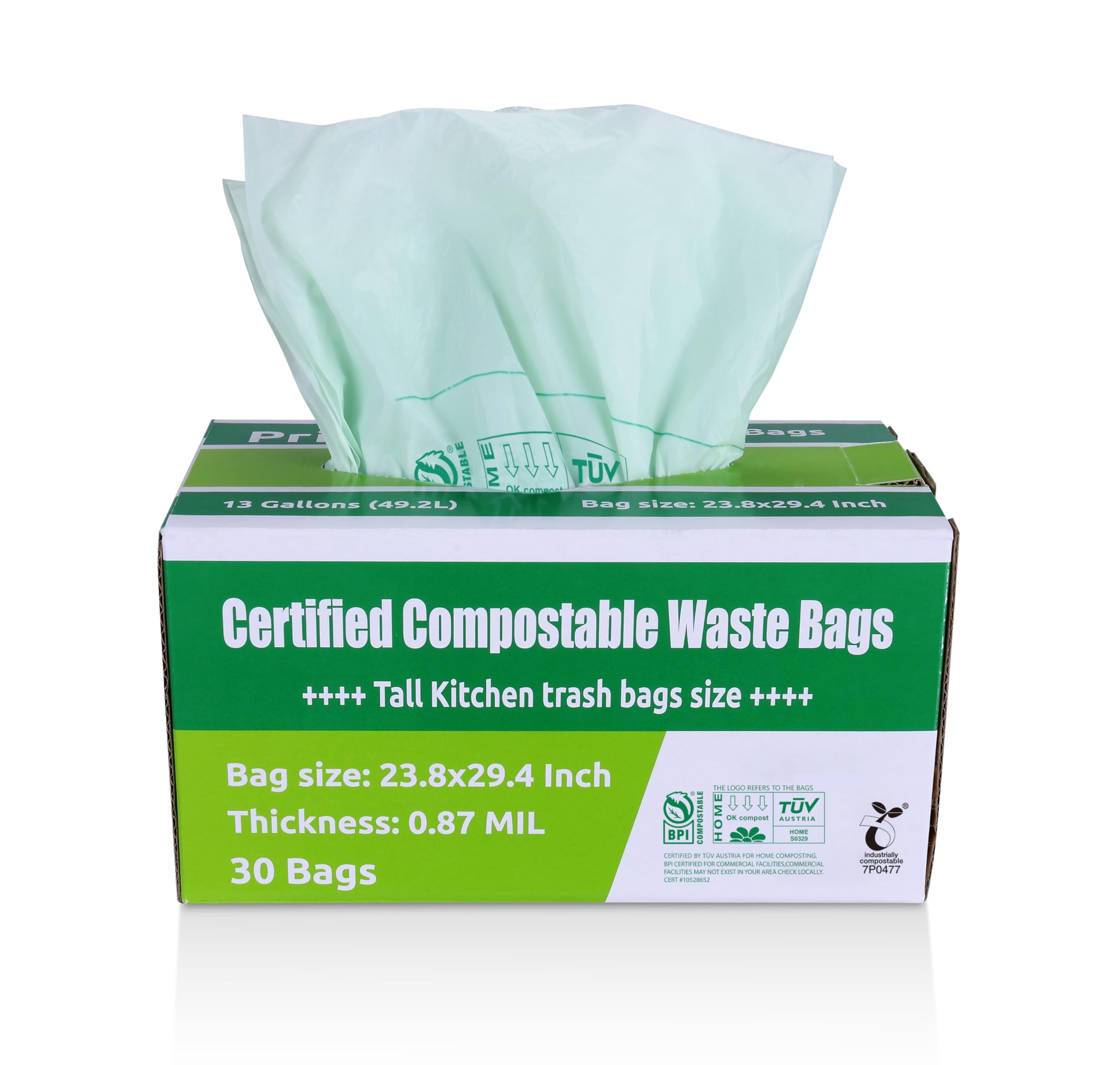 Primode Compostable Trash Bags 13 Gallon | 30 Count Tall Kitchen Compost Bags, Food Waste Bags, Certified Compost Bags, Certified by BPI and by TÜV